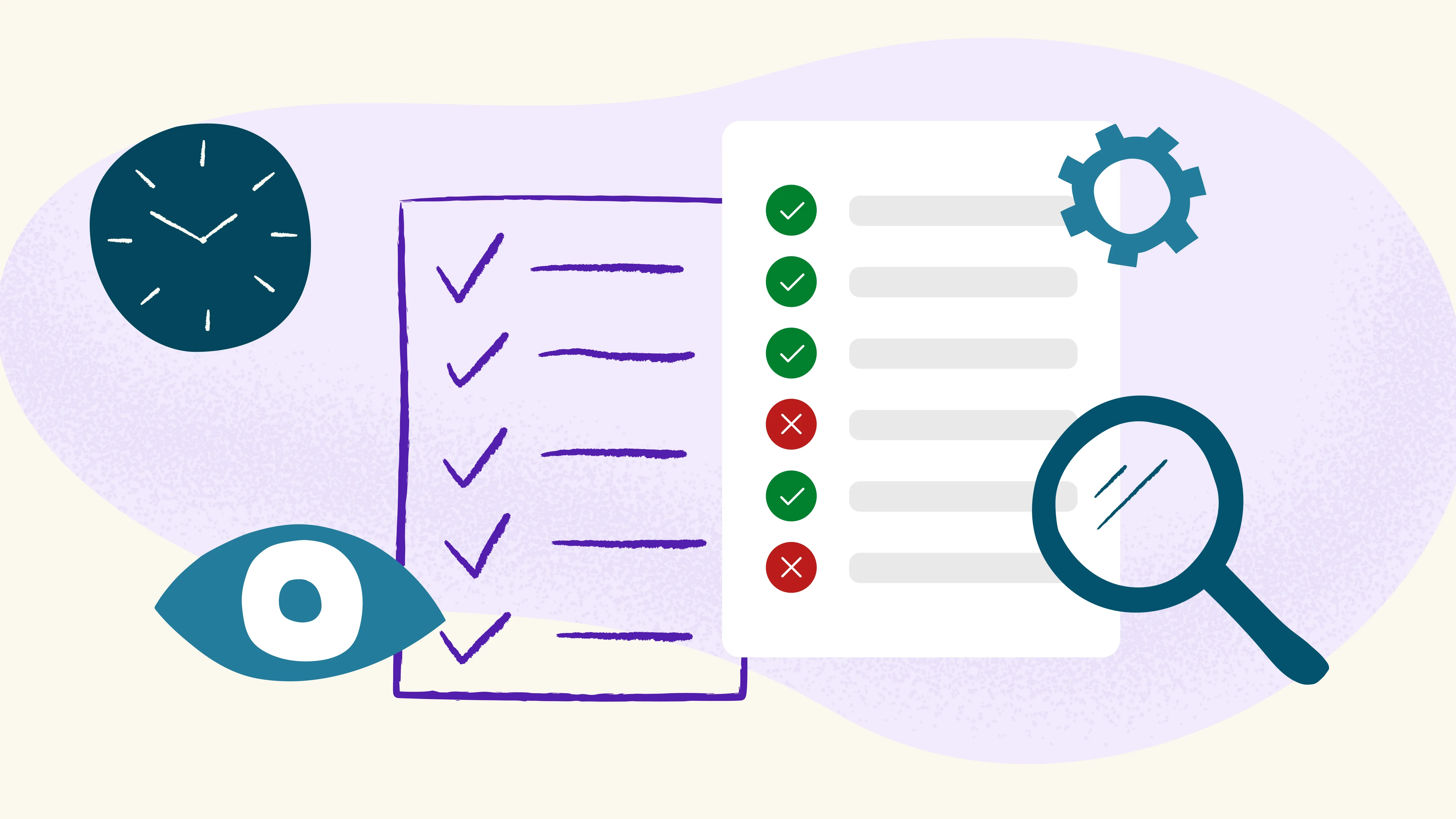 Illustration of clock, eye, tick list with green ticks and red crosses with a magnifying glass and cog