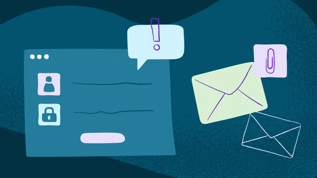 Illustration of email, exclamation mark, paperclip and envelope