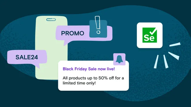 illustration of promotion notification on mobile phone for Black Friday with Selenium logo