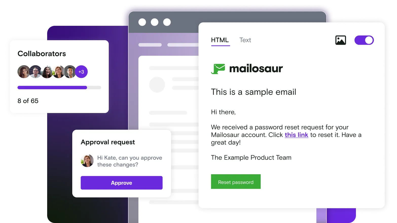 Sample email illustration with approval request and collaborators dialog boxes on gradient background