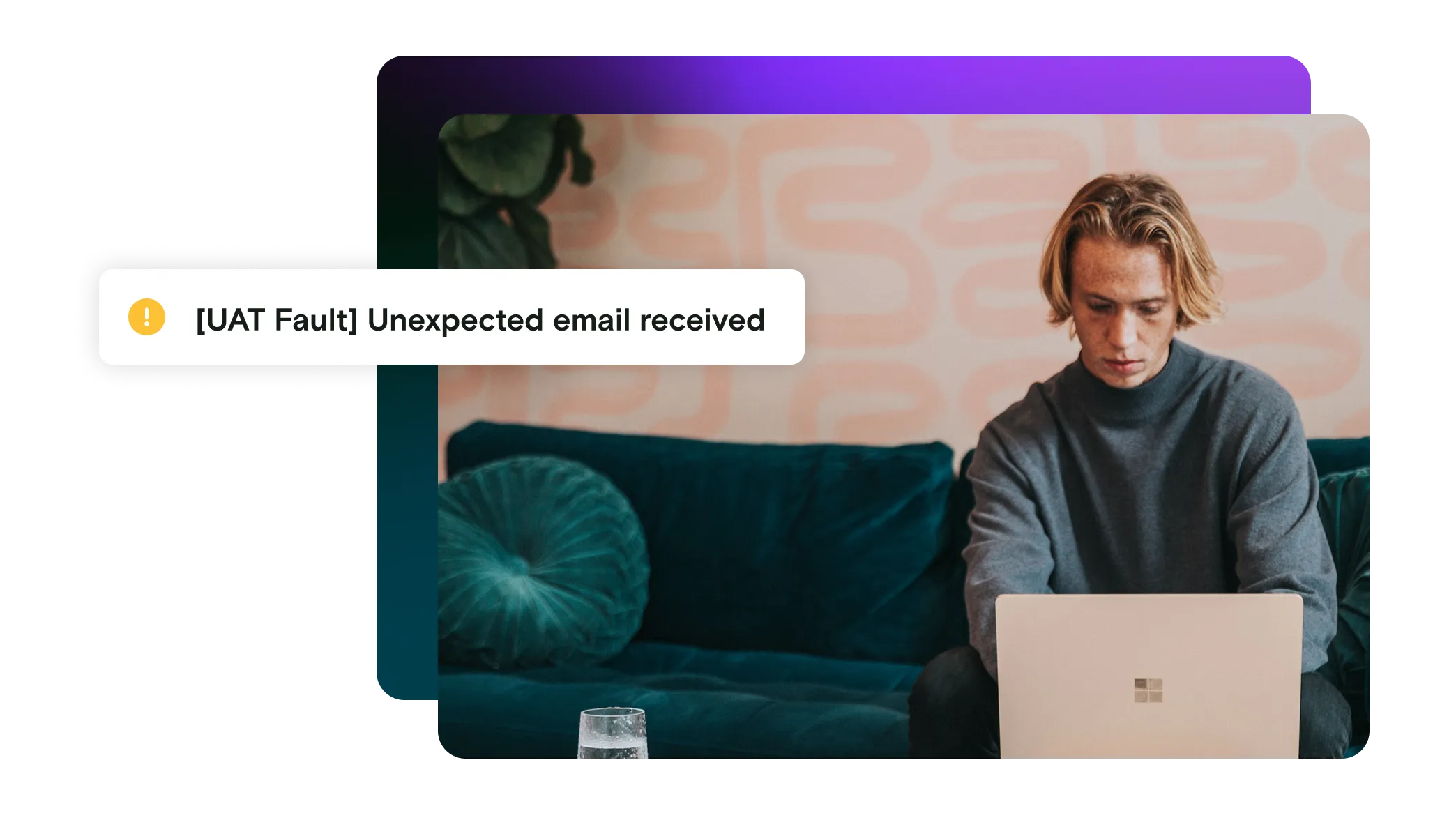 man on laptop with gradient background and a fault notification