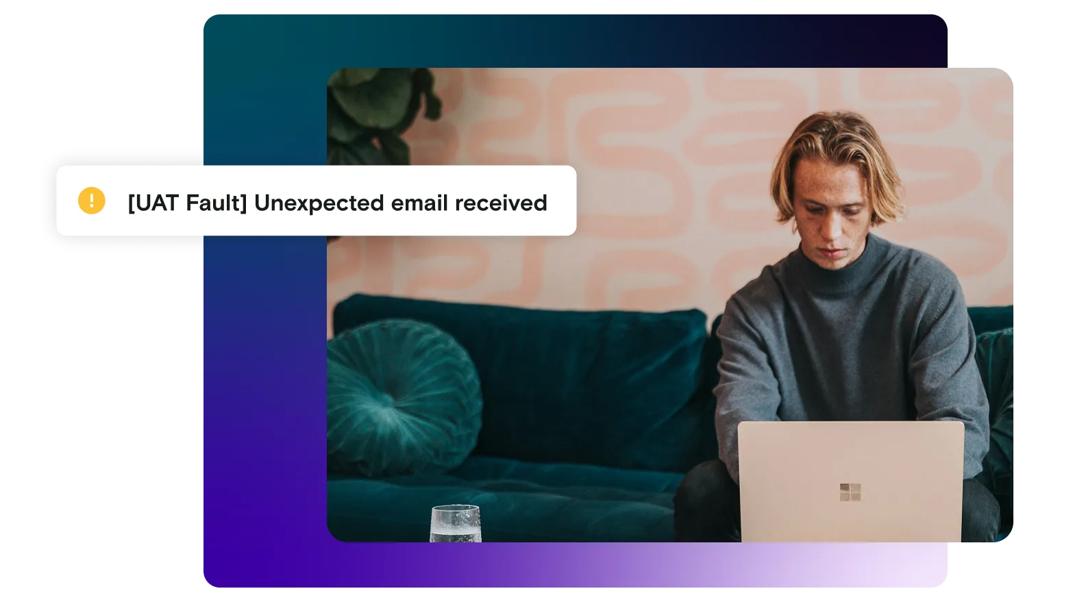 Image of man on laptop on gradient background with unexpected error notification