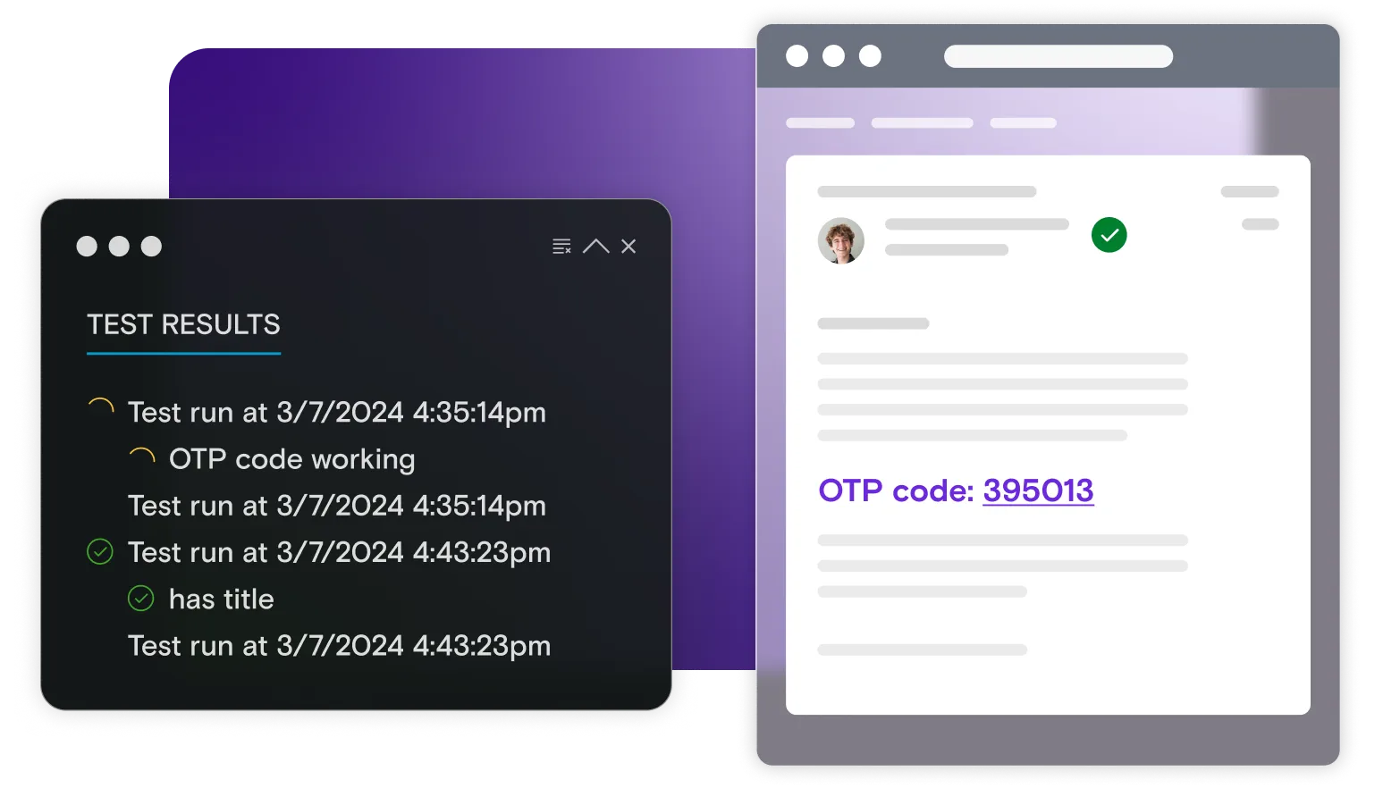 Email illustration and testing window with tests passing on gradient background