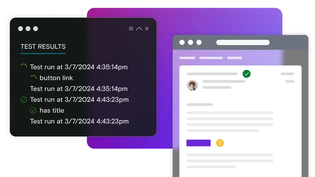 Test results dark mode window with email illustration on a gradient background