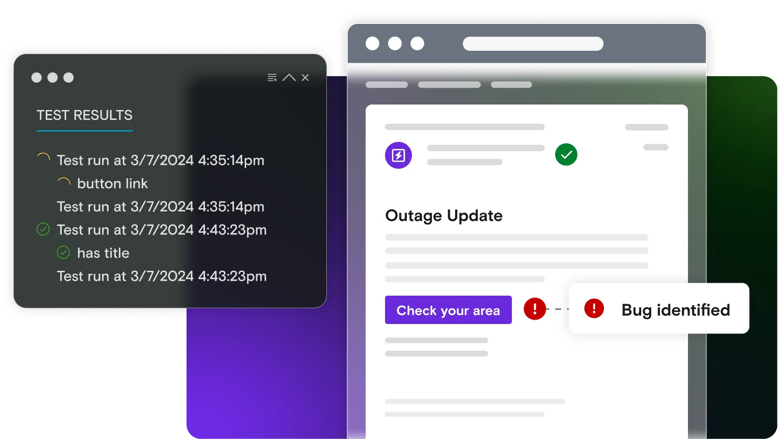 Email illustration with test running window on gradient background