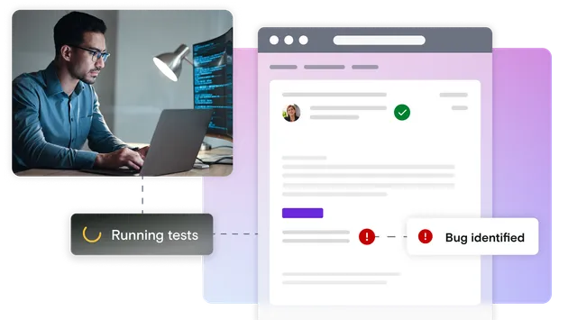 Gradient background with picture of man on laptop with email and pass and fail symbols