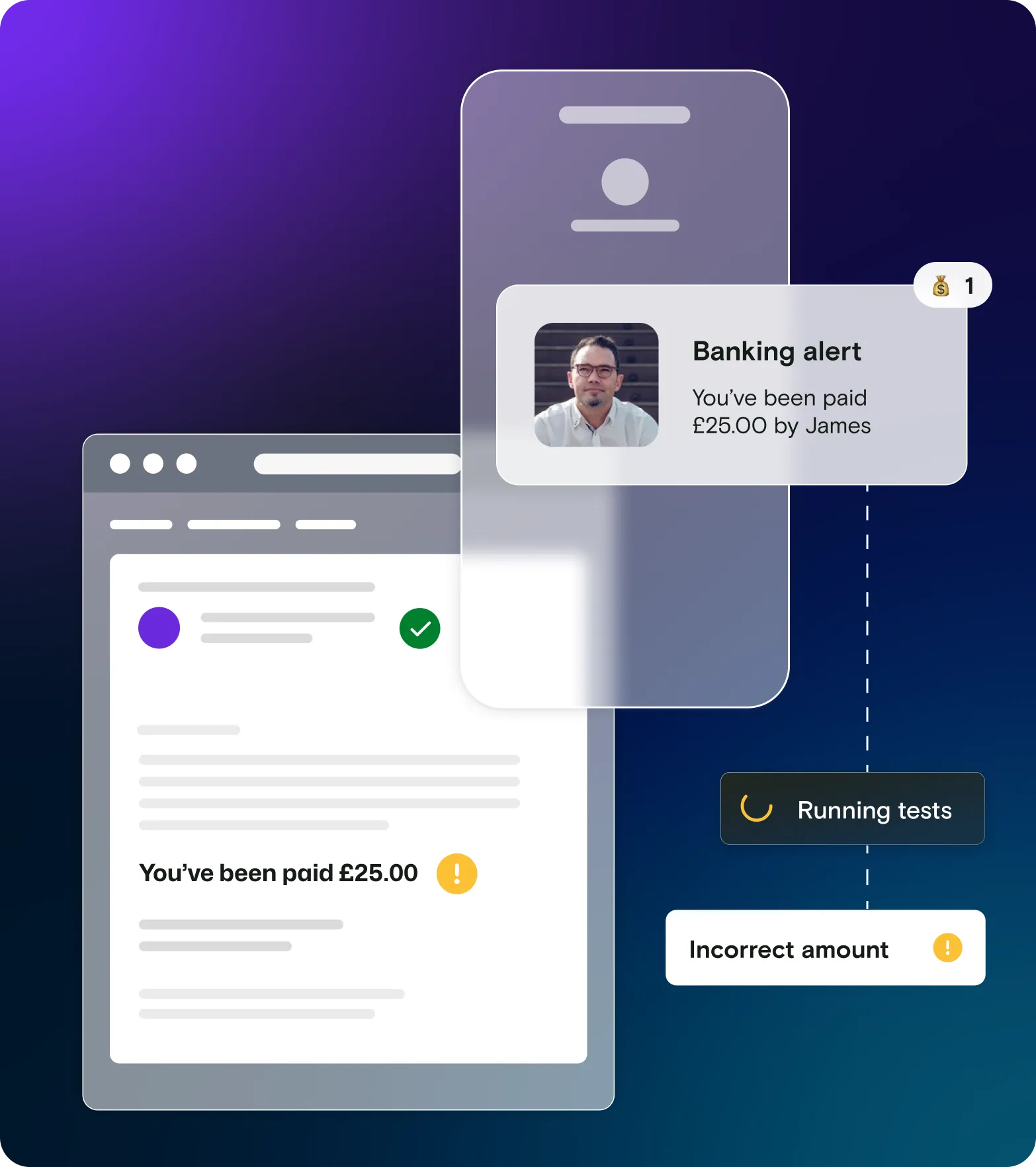 Email and mobile illustration on gradient background with banking alert notification