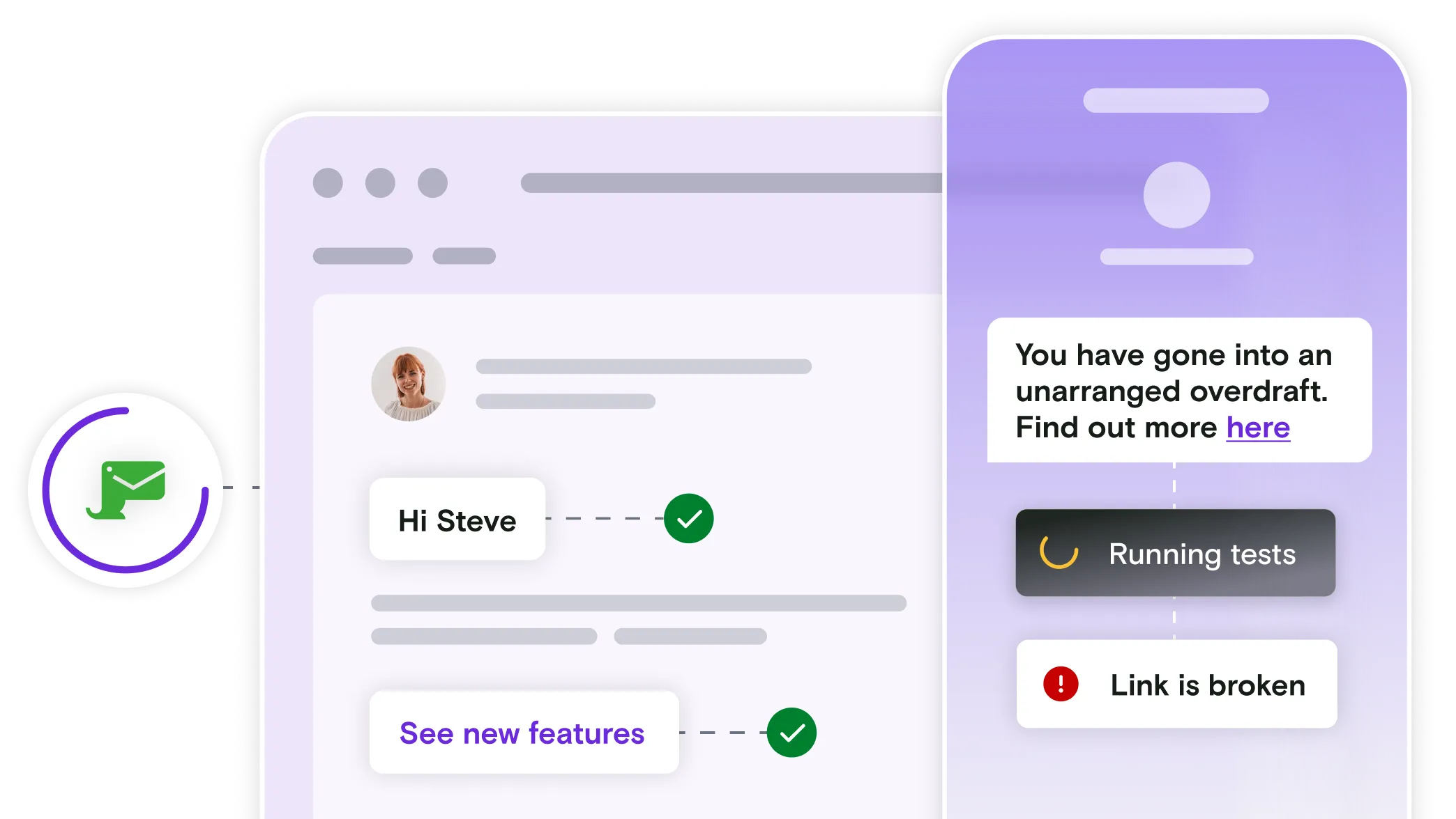 Mailosaur logo with email and phone illustrations and pass and fail notifications