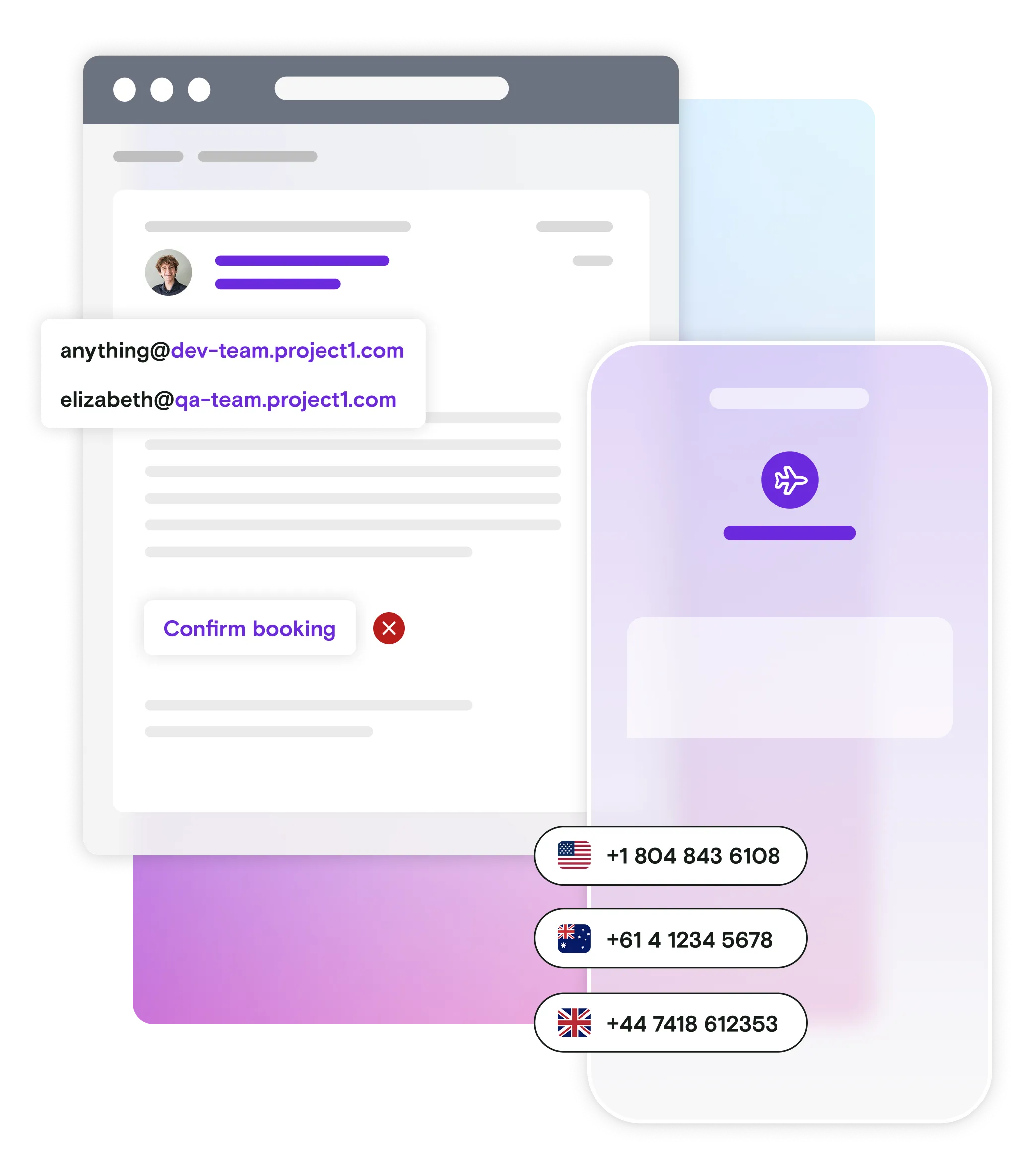 Mobile phone and email illustration with international phone numbers and email address dialogs on gradient background