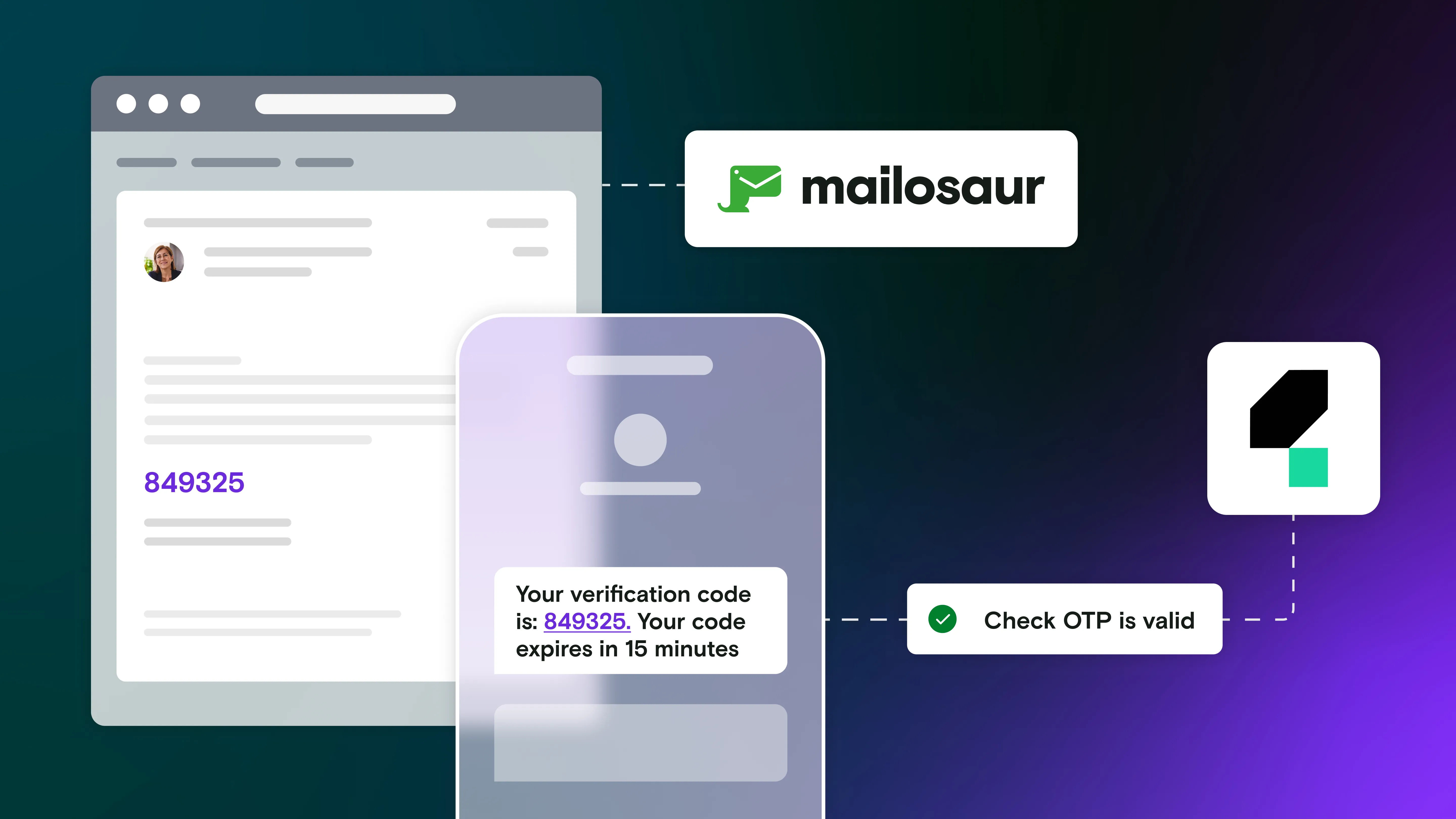 Email and mobile with OTP and Mailosaur and Katalon logo