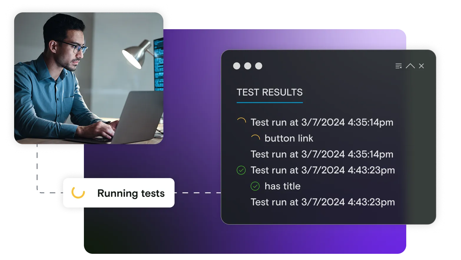 Image of man on laptop with test results window on gradient background