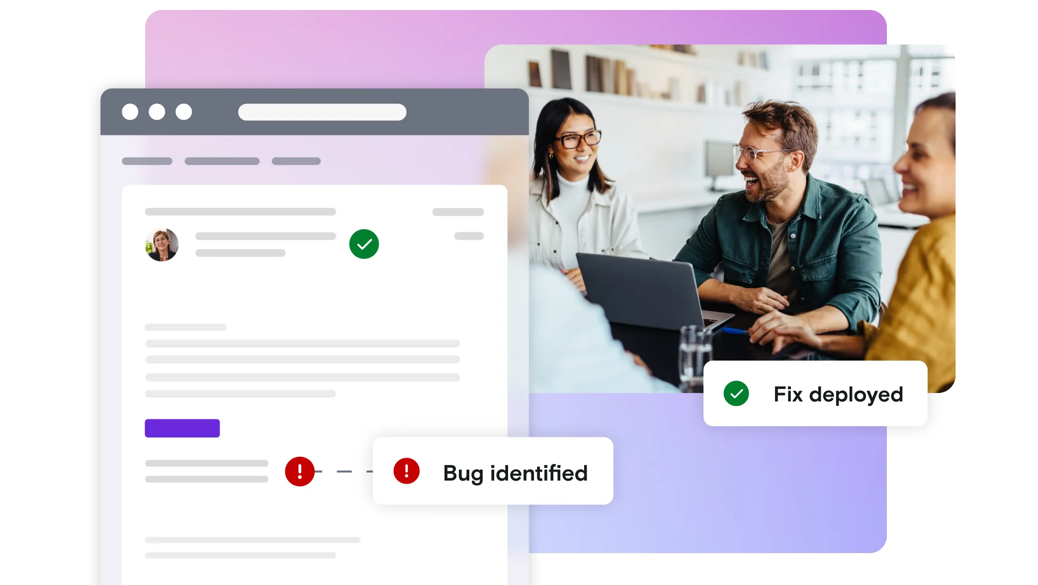 Photo of group of people with laptop and email illustration with pass and fail notifications