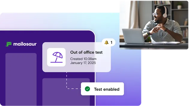 Image of man with headphones with out of office notification on purple dashboard illustration