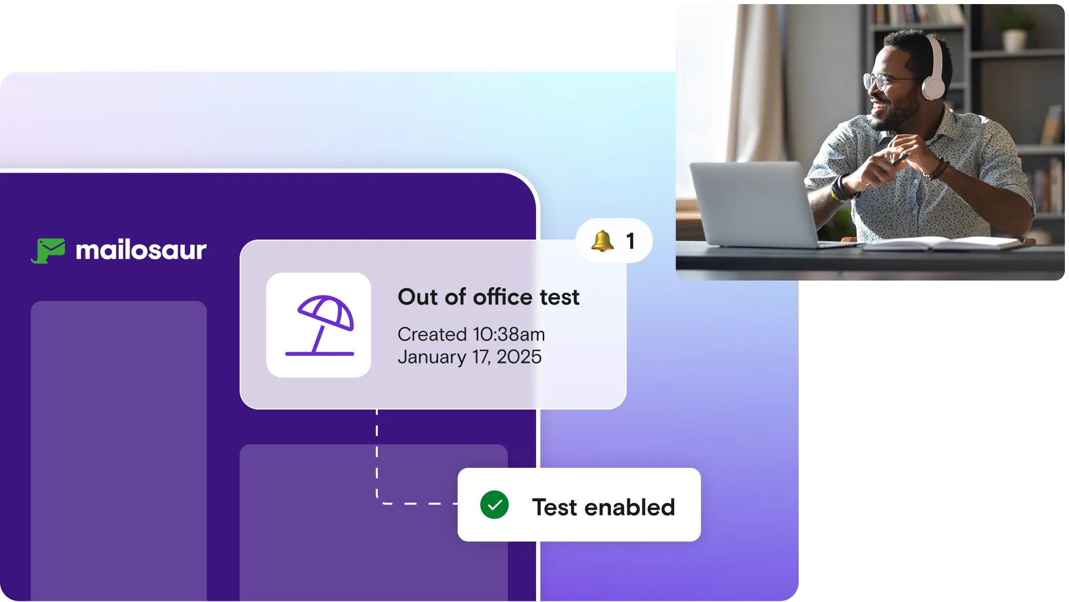 Image of man with headphones with out of office notification on purple dashboard illustration