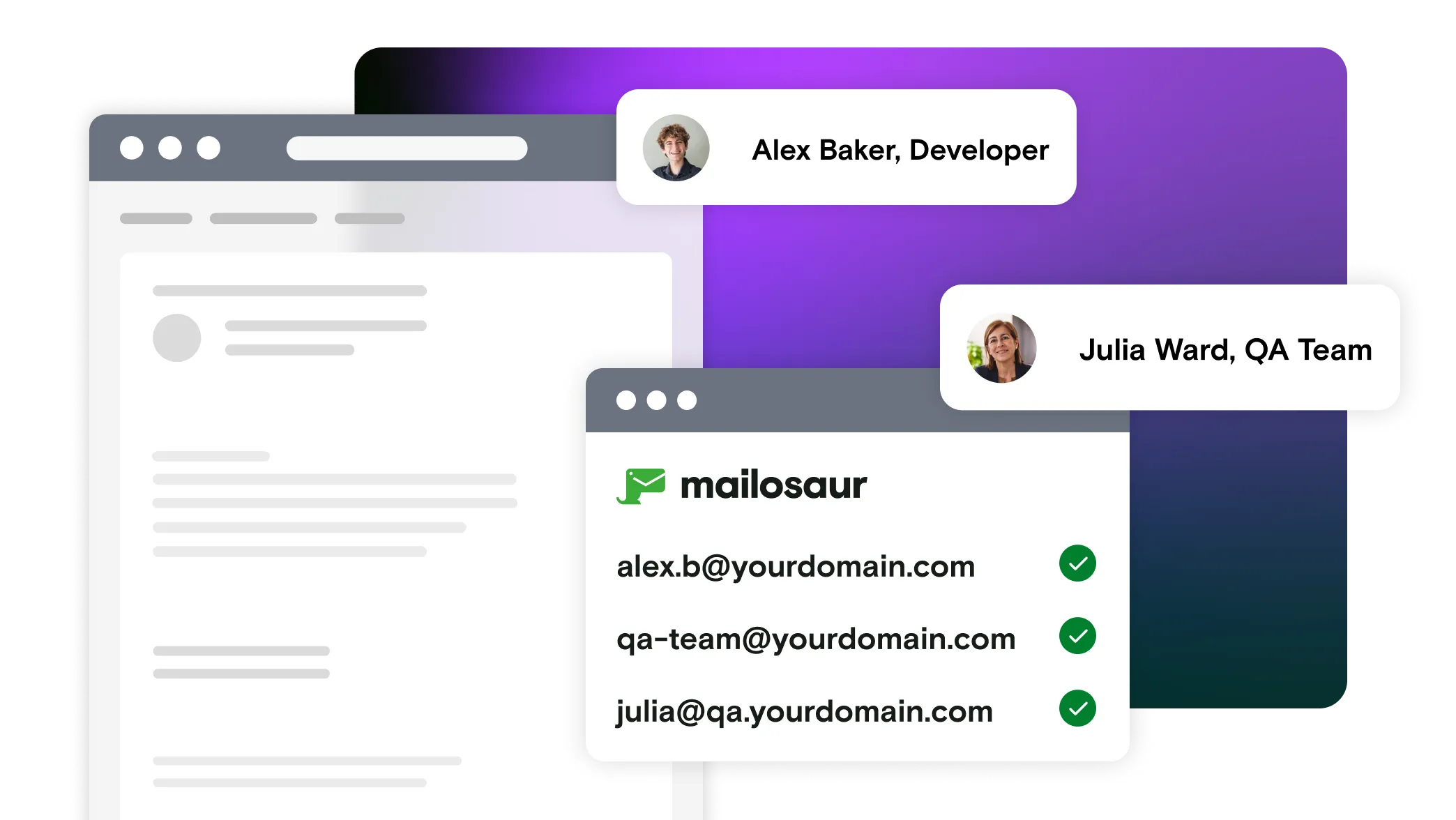 Email mockup with domain name options and team member notifications