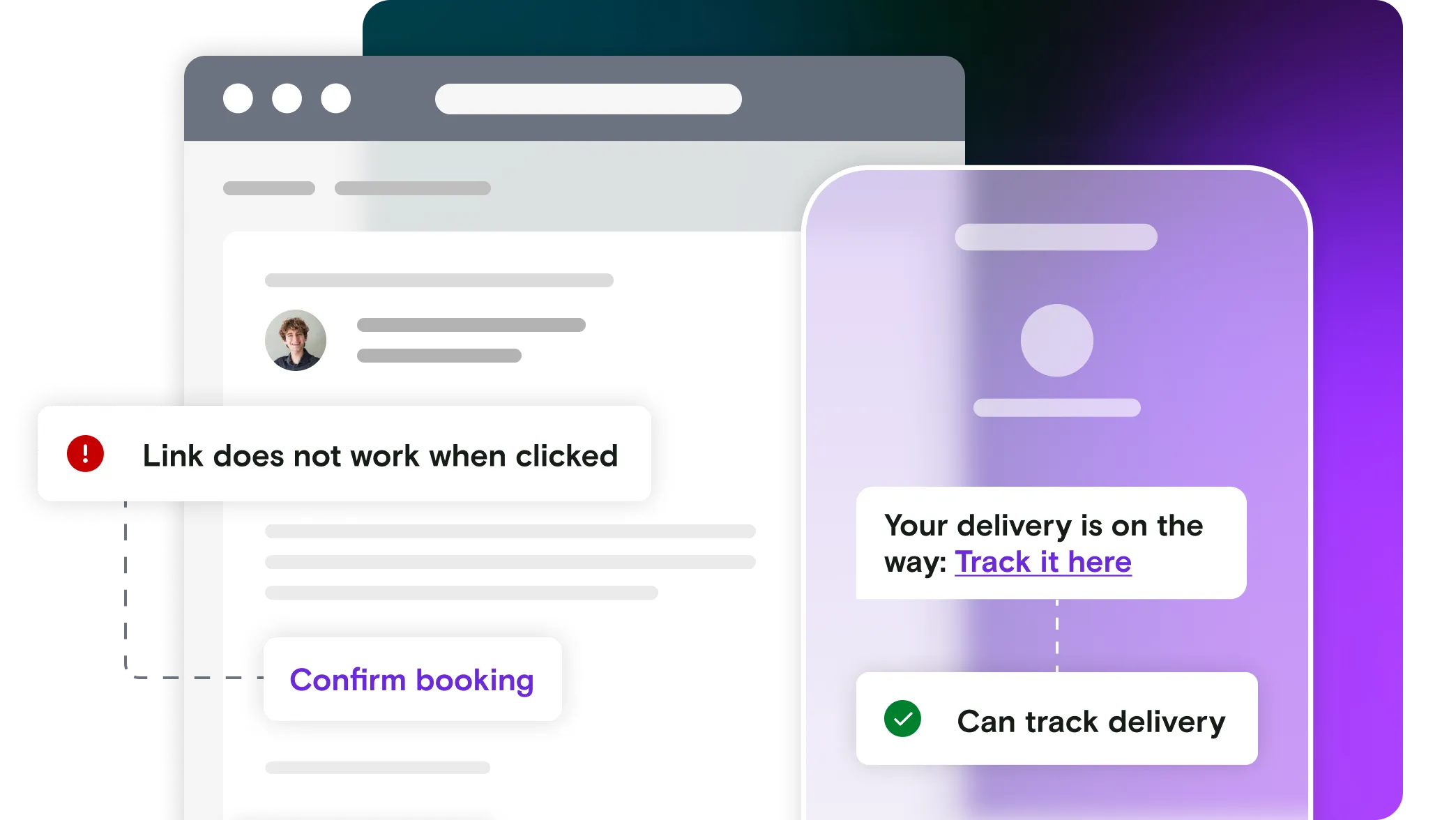 Email and mobile phone illustration with pass and error notifications on purple gradient background