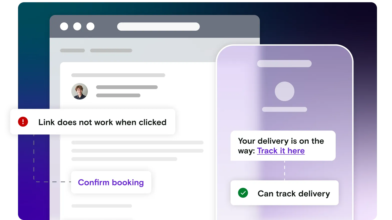 Email and mobile illustration with delivery notification on gradient background