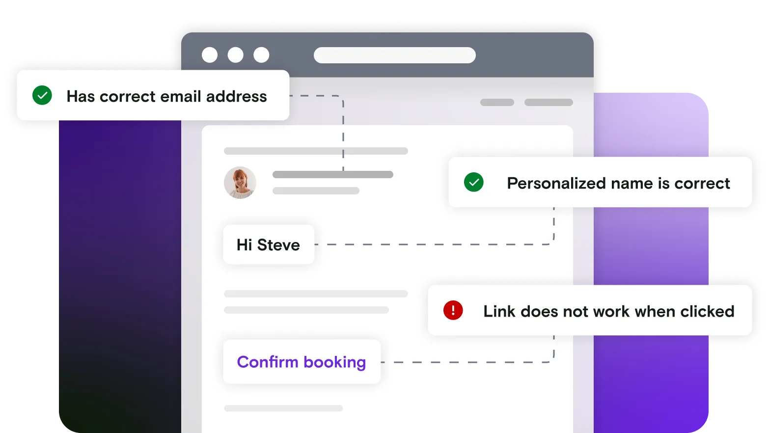 Email illustration with pass and fail notifications on gradient background