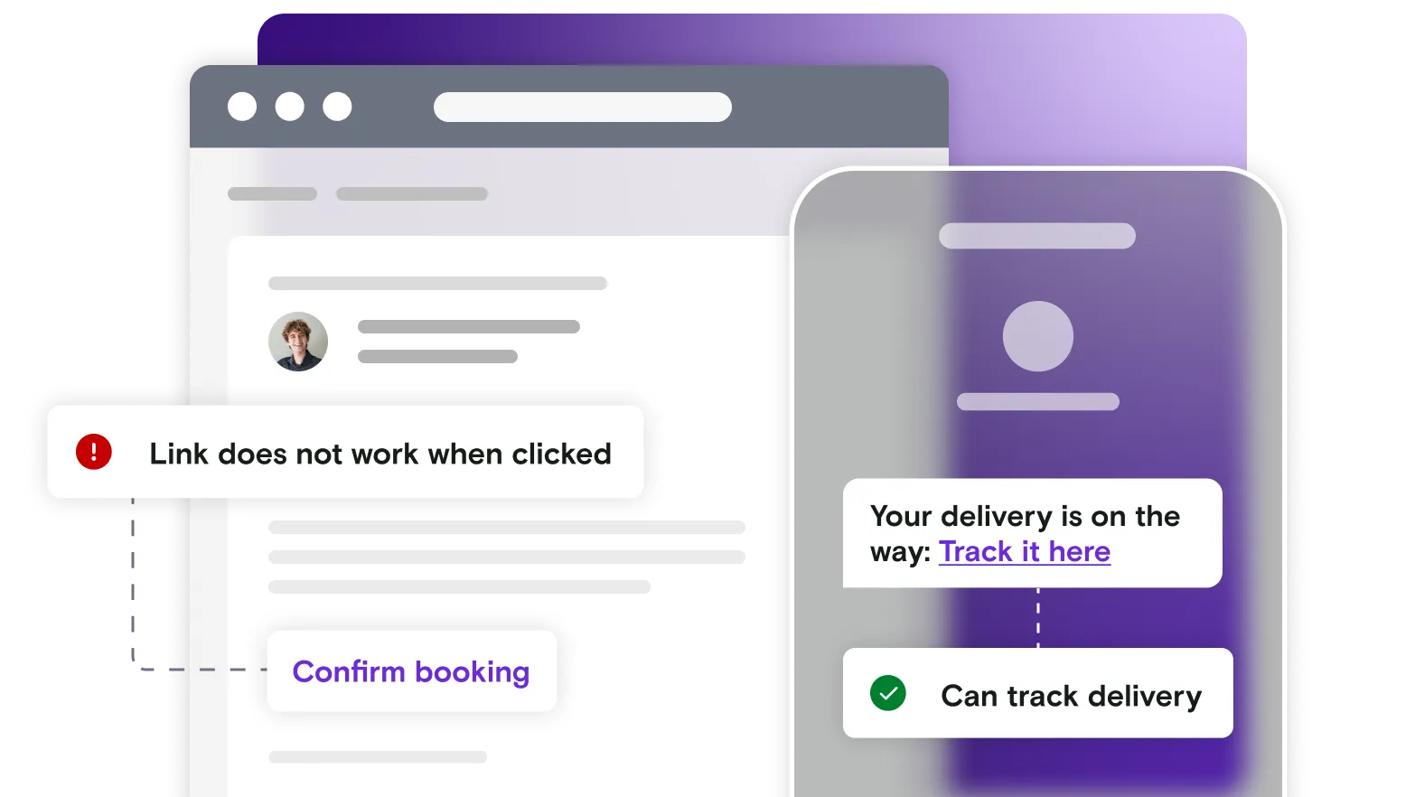 Email and mobile illustration with pass and fail notifications on gradient background