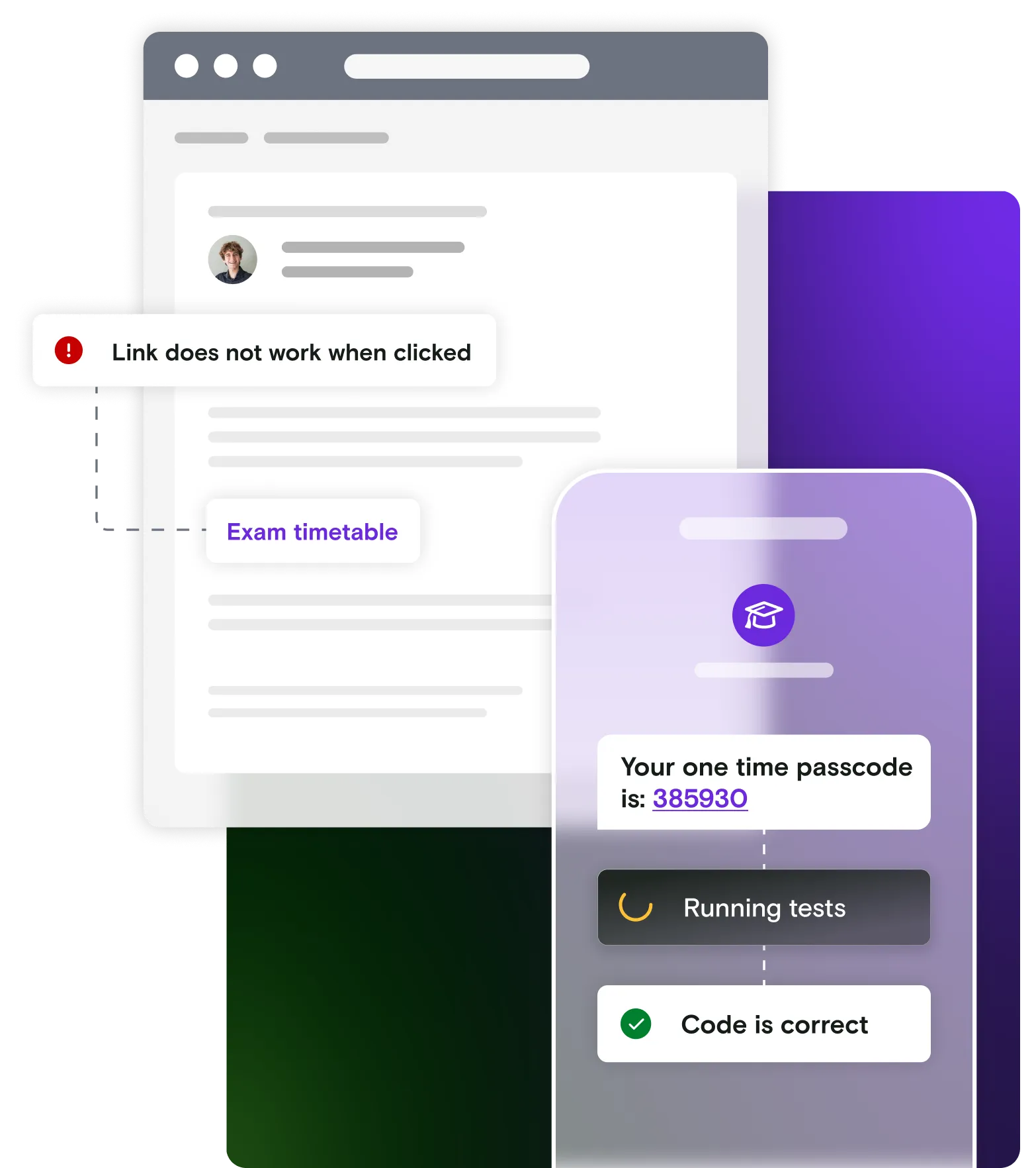 Mobile and email illustration with fail notification on a gradient background