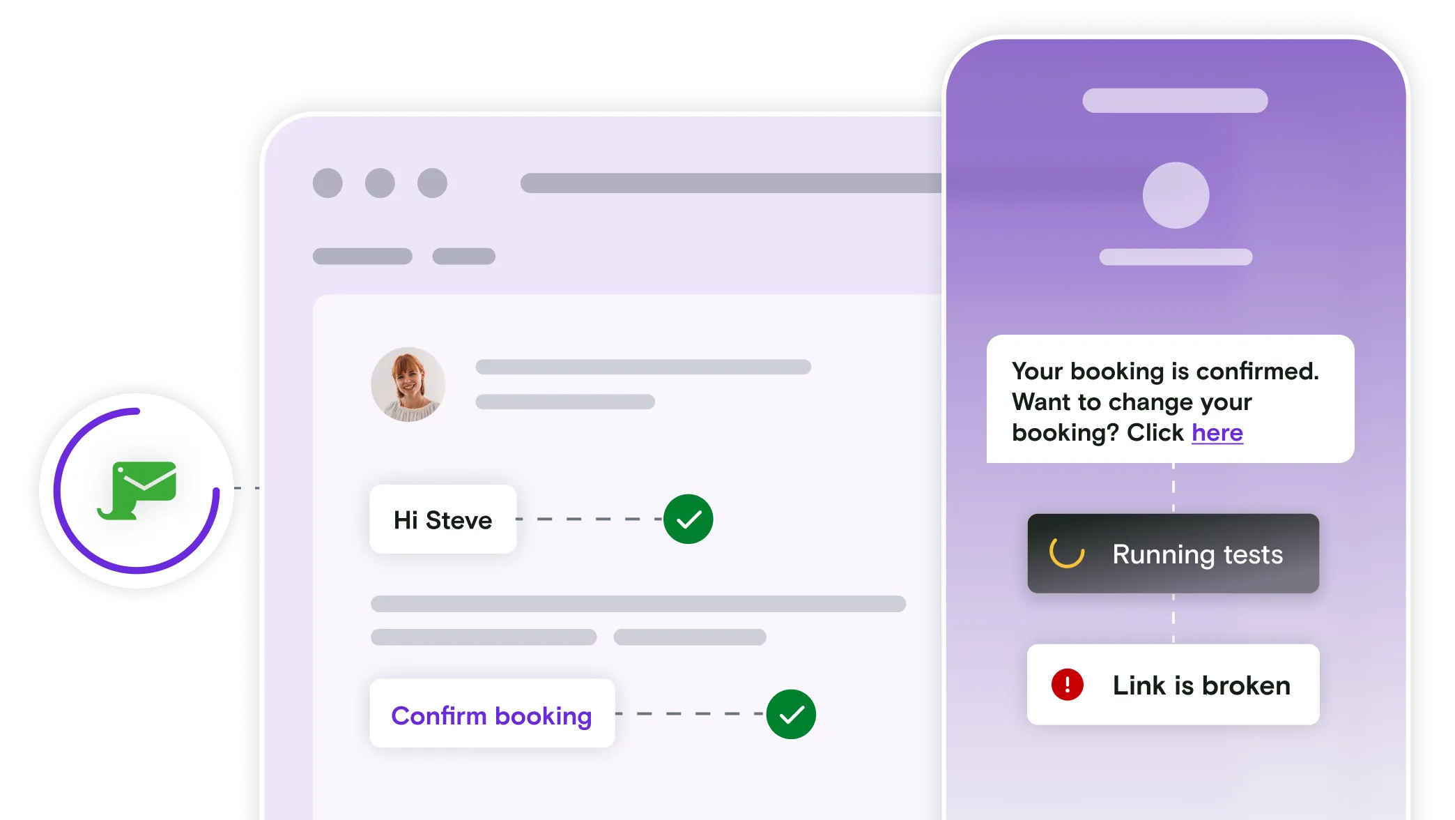 Email and mobile phone illustration with messages displaying pass or fail notifications and the Mailosaur logo
