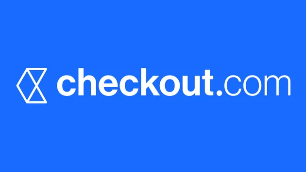 White Checkout.com logo on blue background