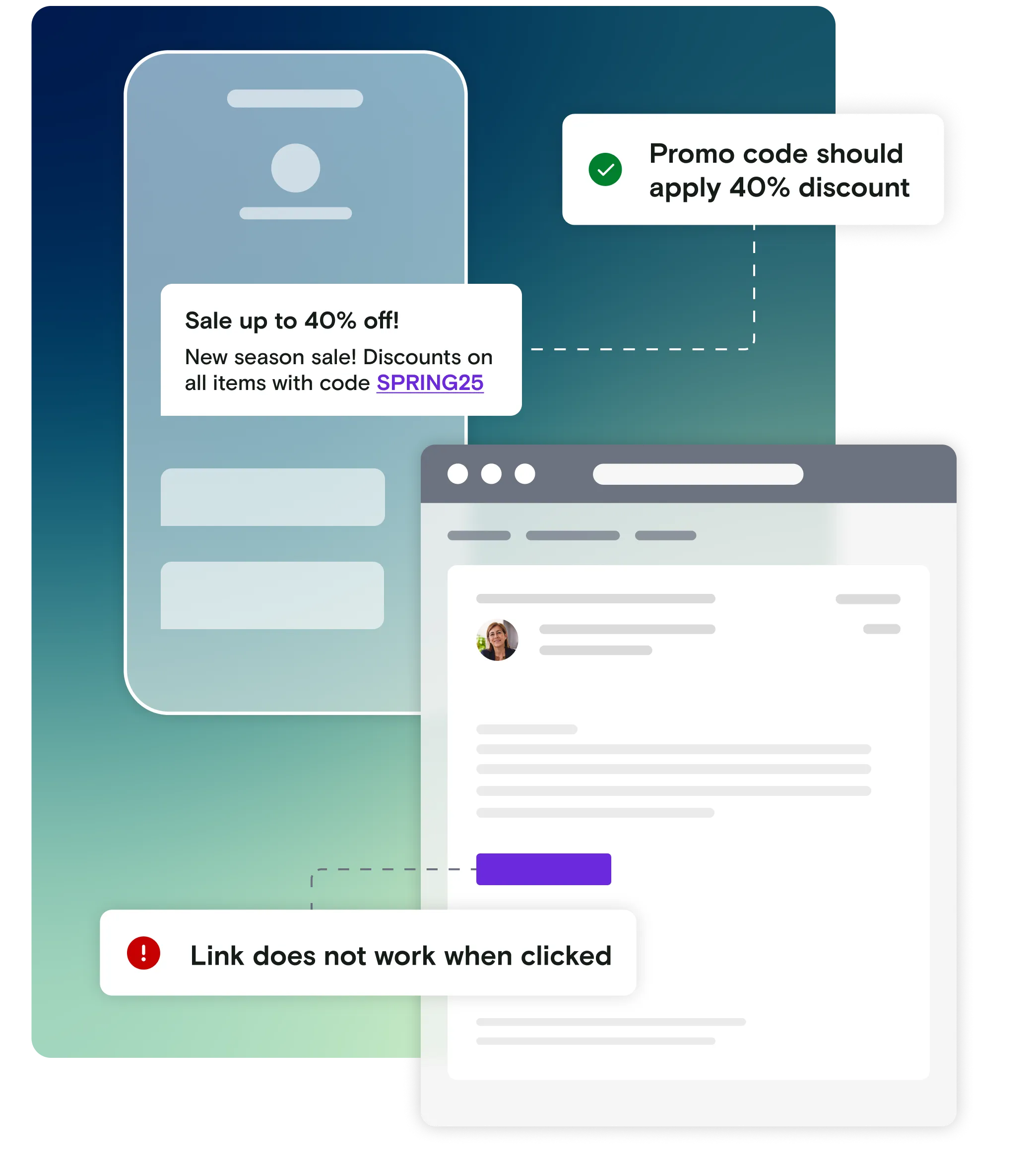 Email and mobile phone illustration with pass and fail notifications with promo code text on gradient background