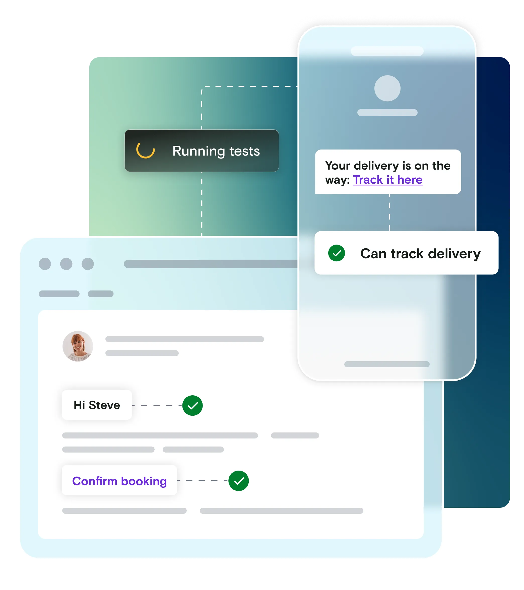 Mobile phone and email illustration with running tests notification and pass notifications