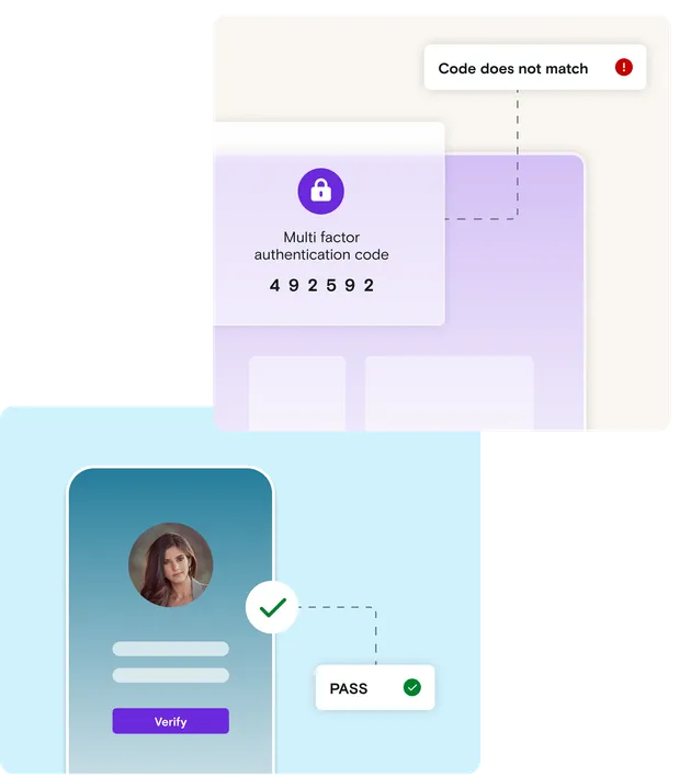 Purple desktop mockup with MFA code and error notification