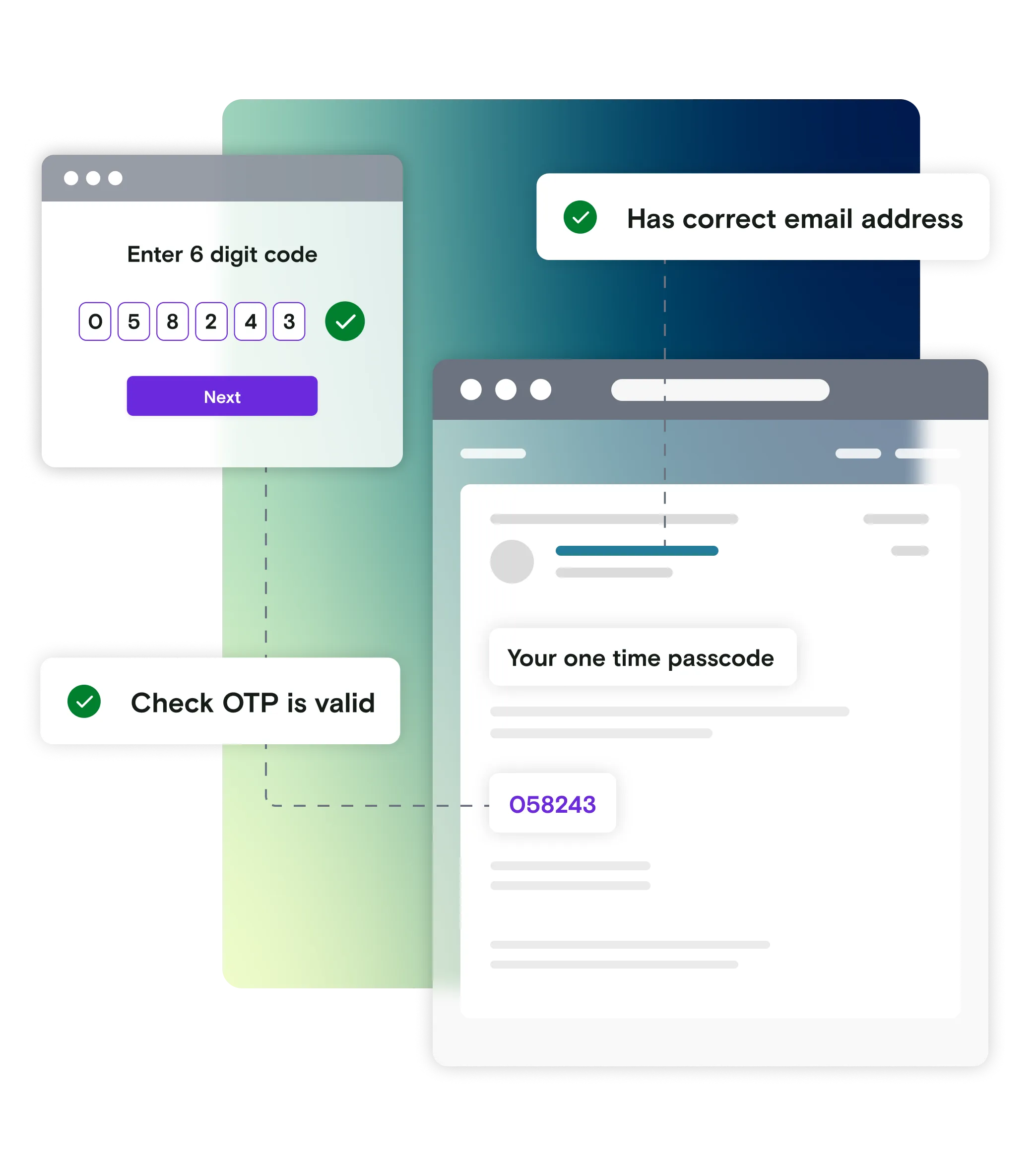 Email illustration with pass notifications and 6 digit code dialog window on gradient background