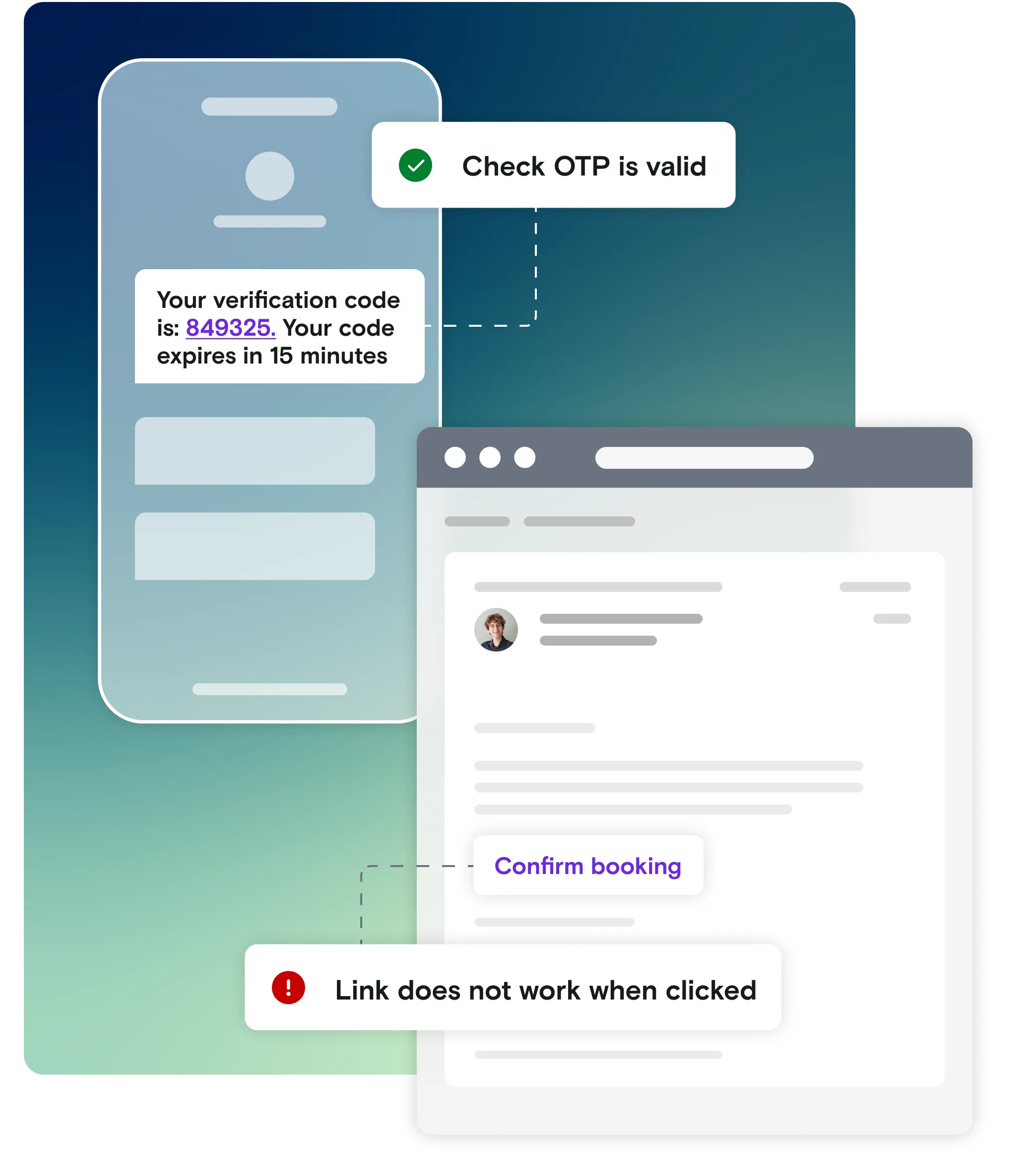 Illustration of mobile device displaying an OTP code input with an email illustration and pass and fail notifications
