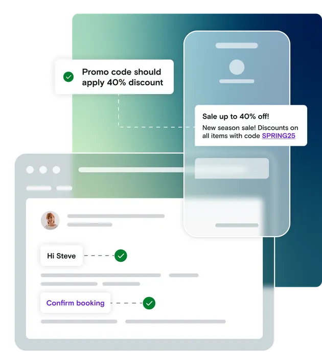 Mobile phone and email illustration with promo code message and pass notification on gradient background