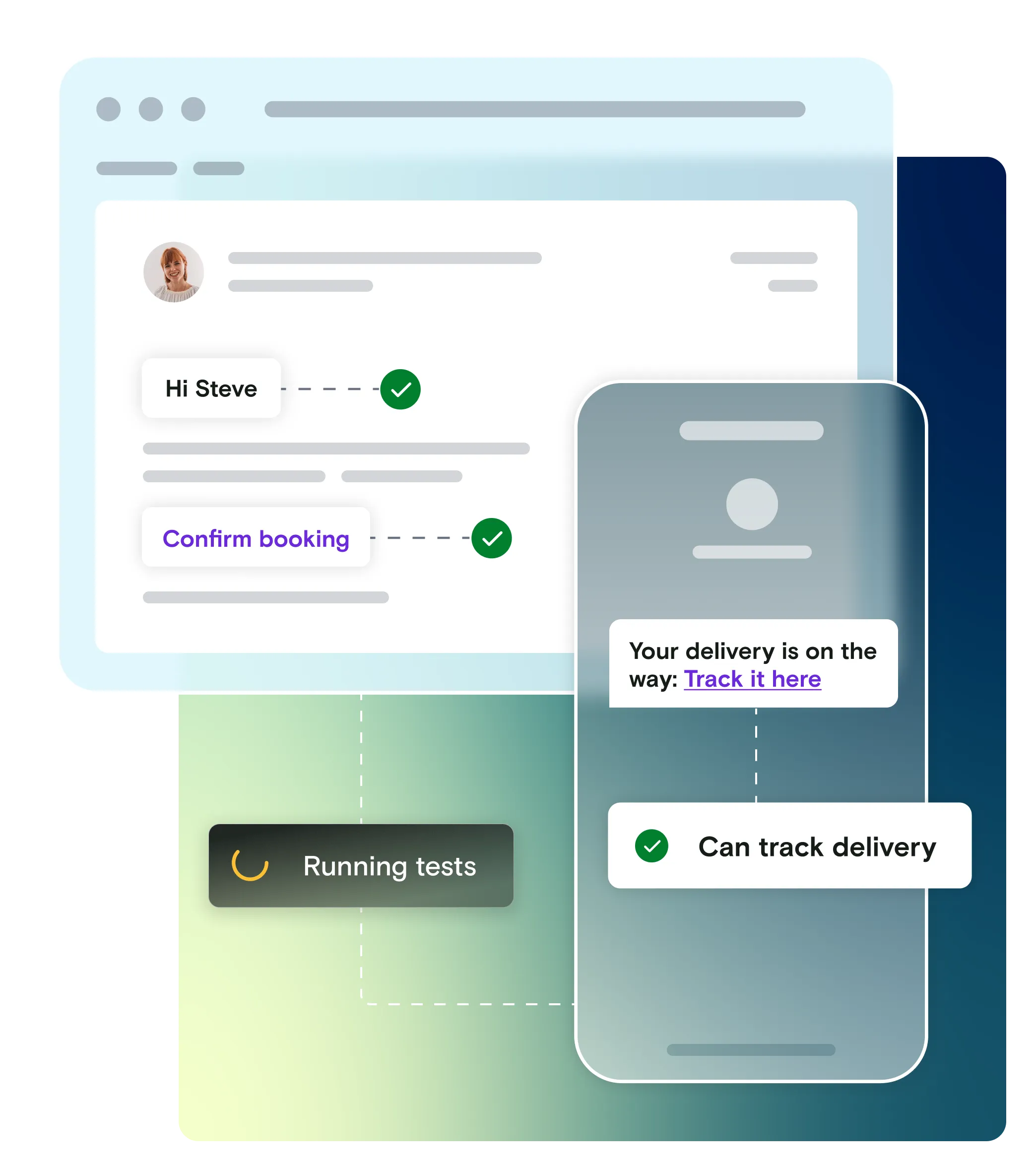 Mobile phone and email illustration on gradient background with pass and running tests notifications