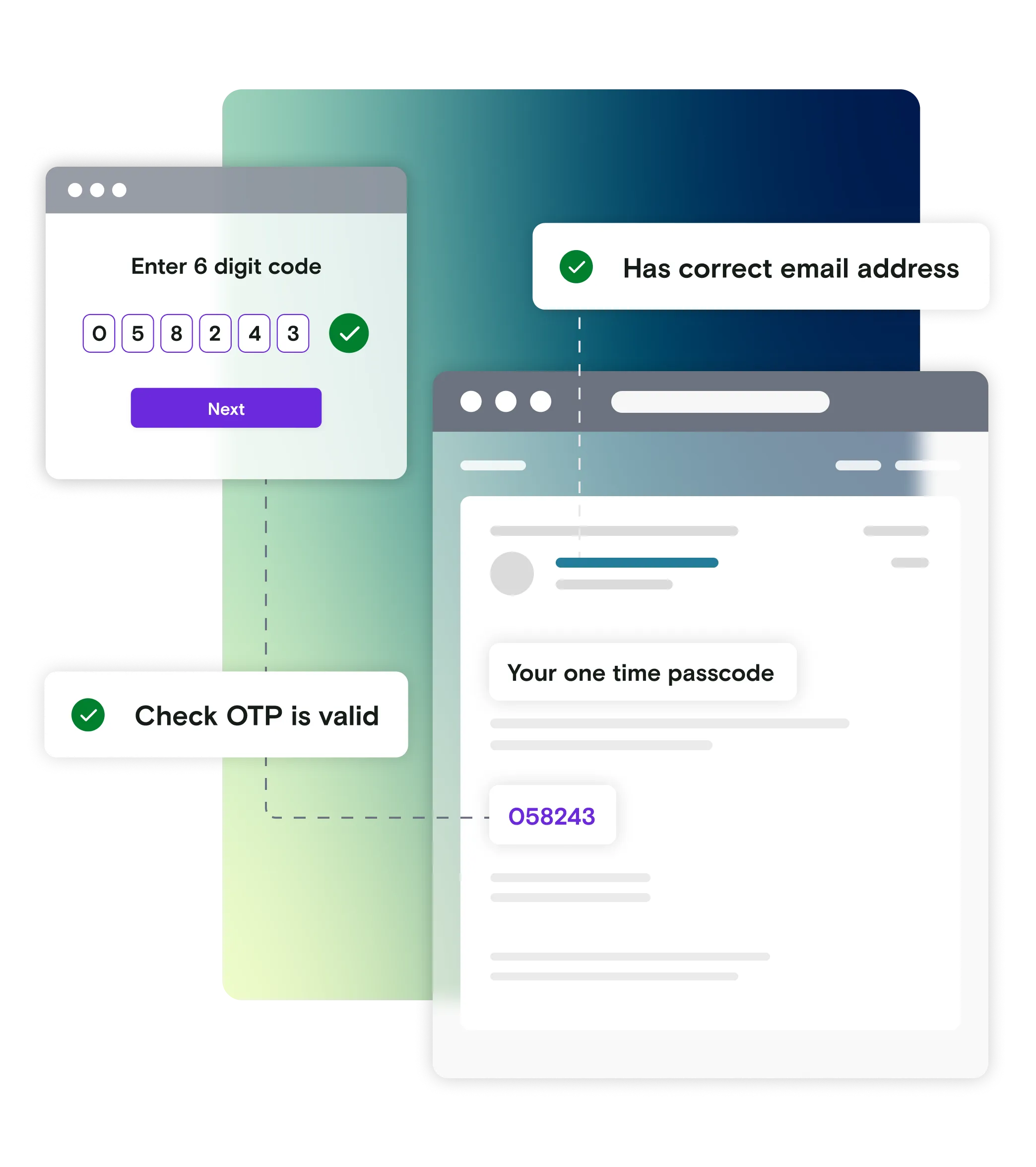 Email illustration with 6 digit code dialog window and pass notification with green and blue gradient background