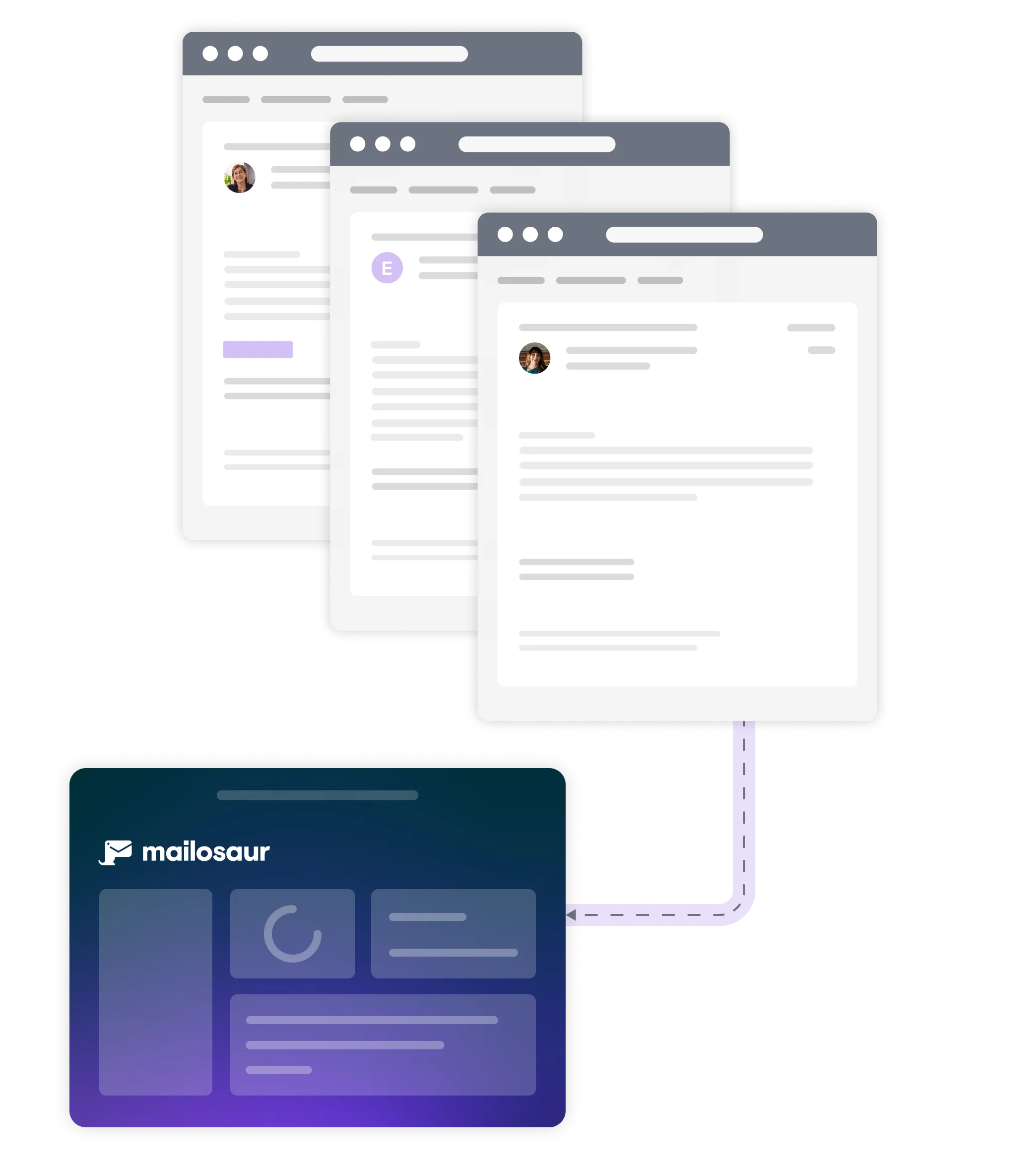 Illustration of emails linking to Mailosaur dashboard running tests