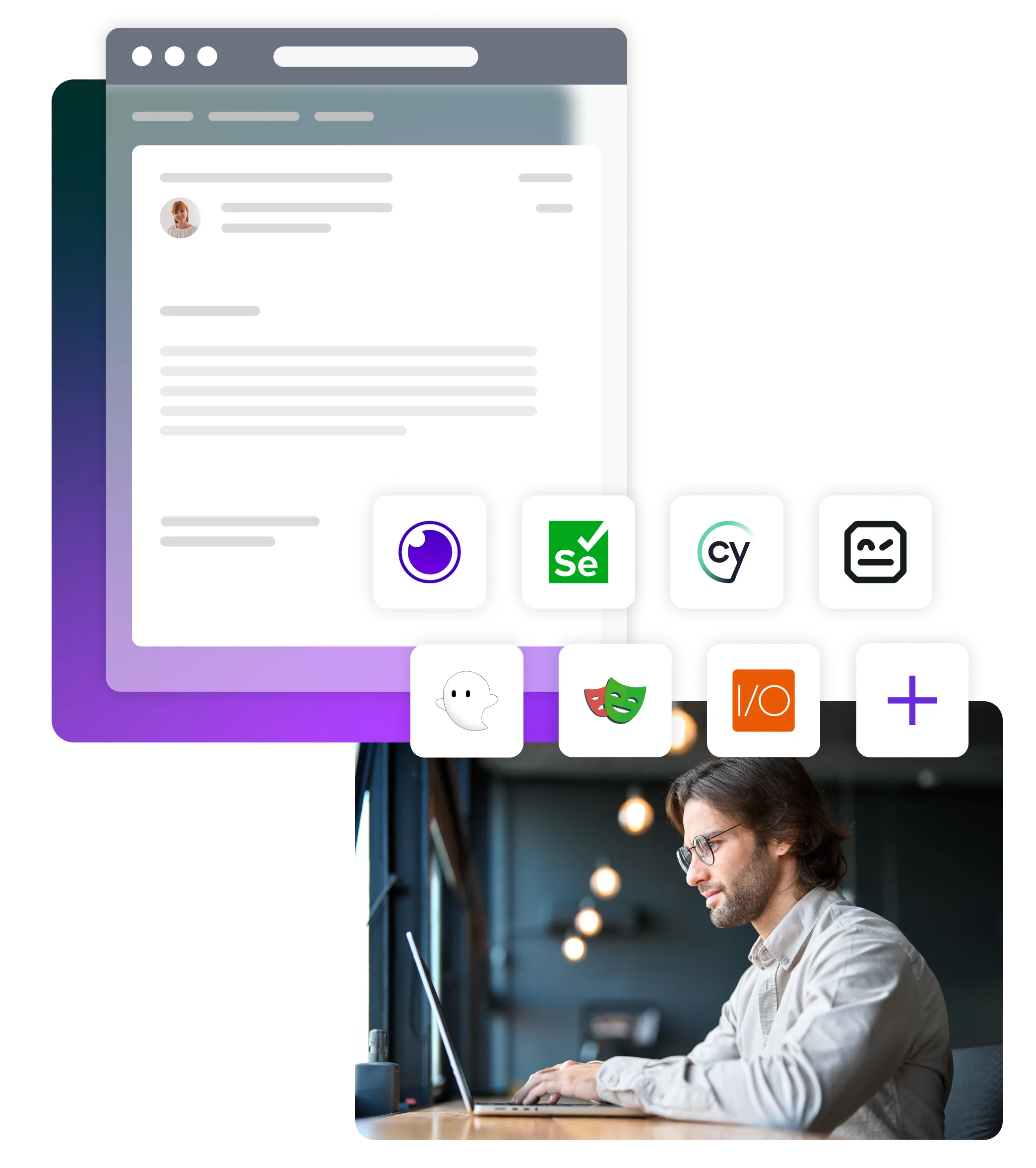 Email illustration on a gradient background with image of man on laptop with testing frameworks logos