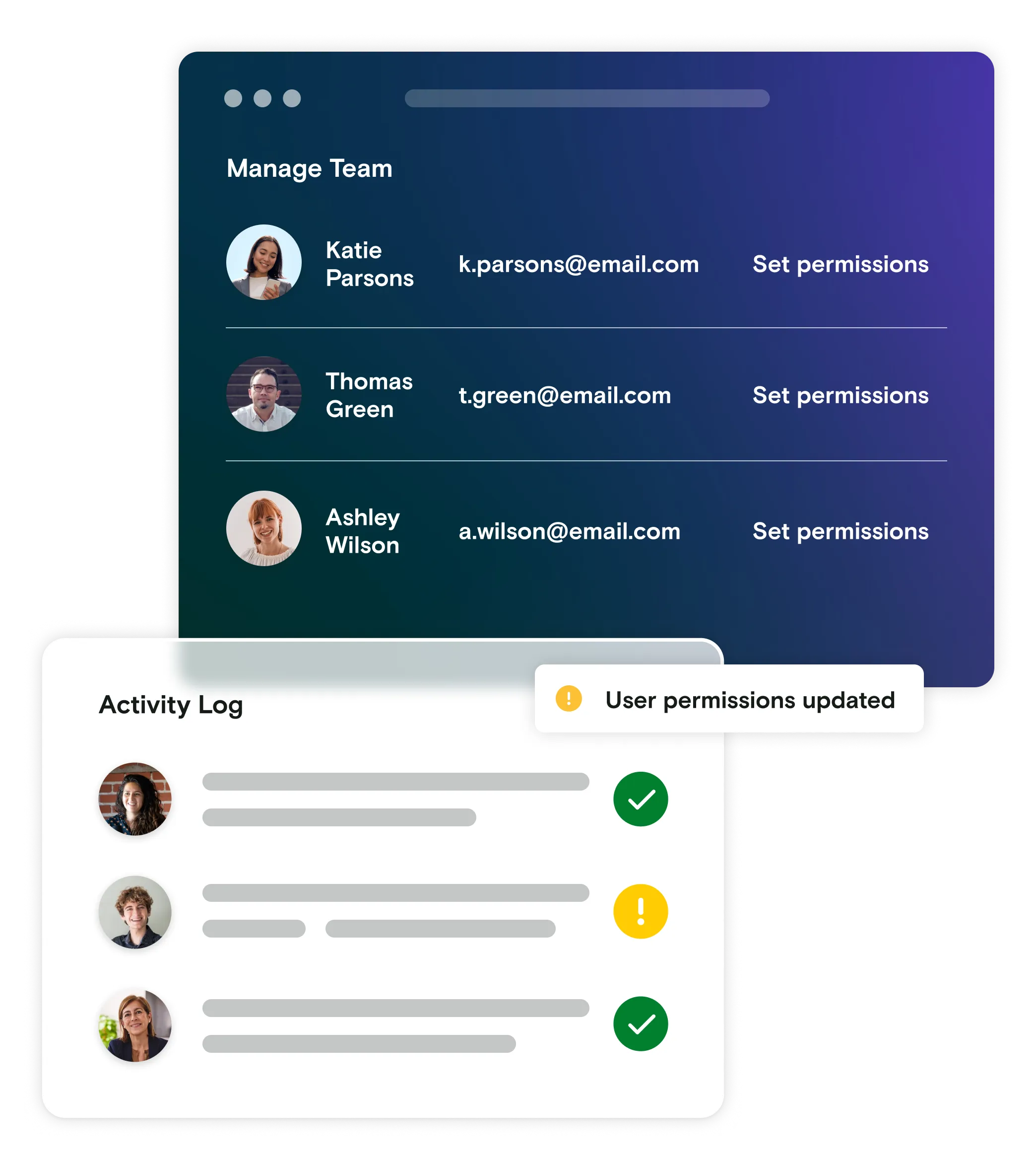 Two dialog windows showing team members and activity log