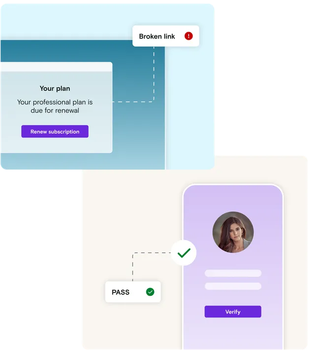 Purple desktop mockup with broken link notification and blue mobile phone mockup with pass notification