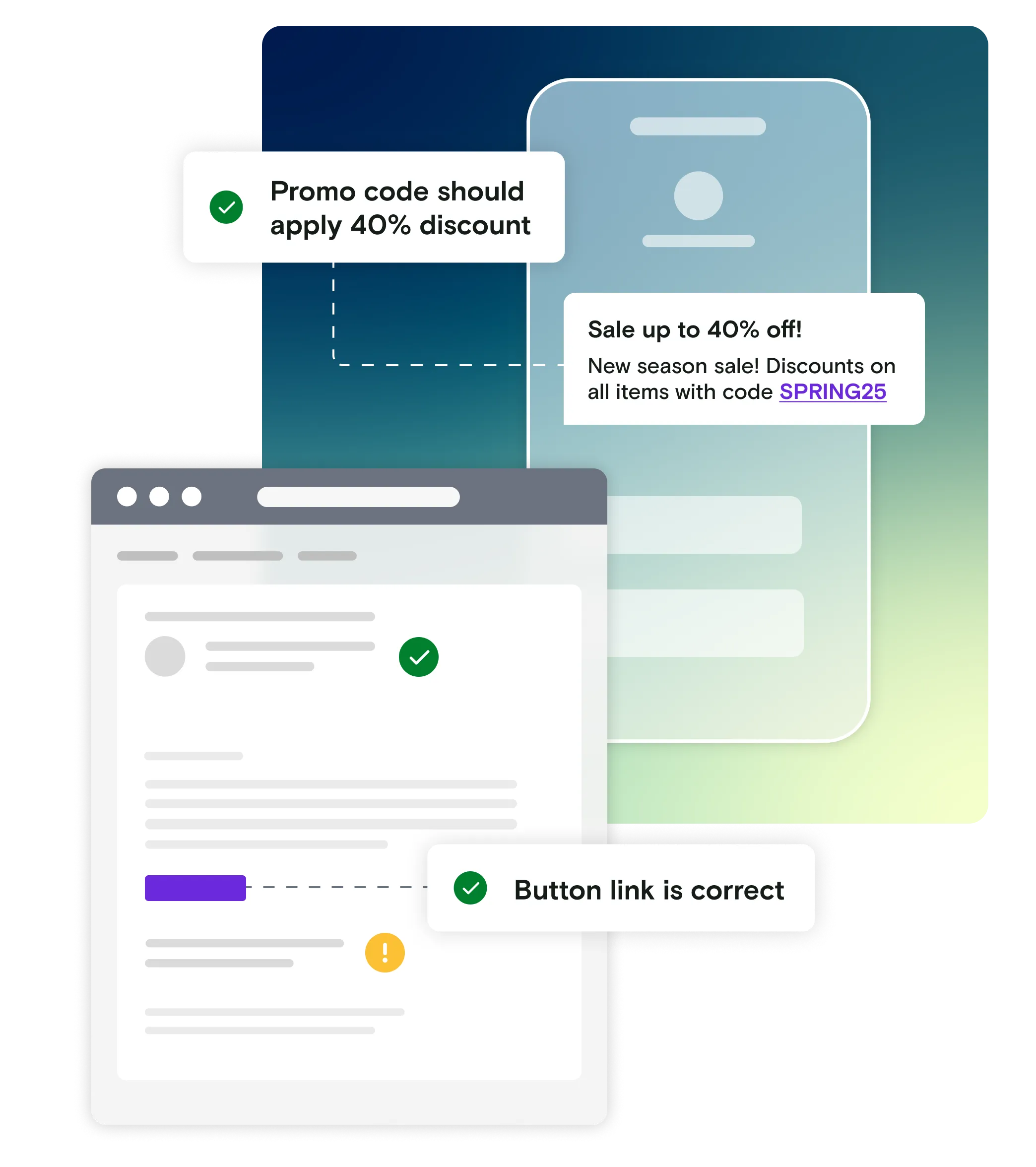 Email and mobile phone illustration on blue and green gradient background with pass notifications