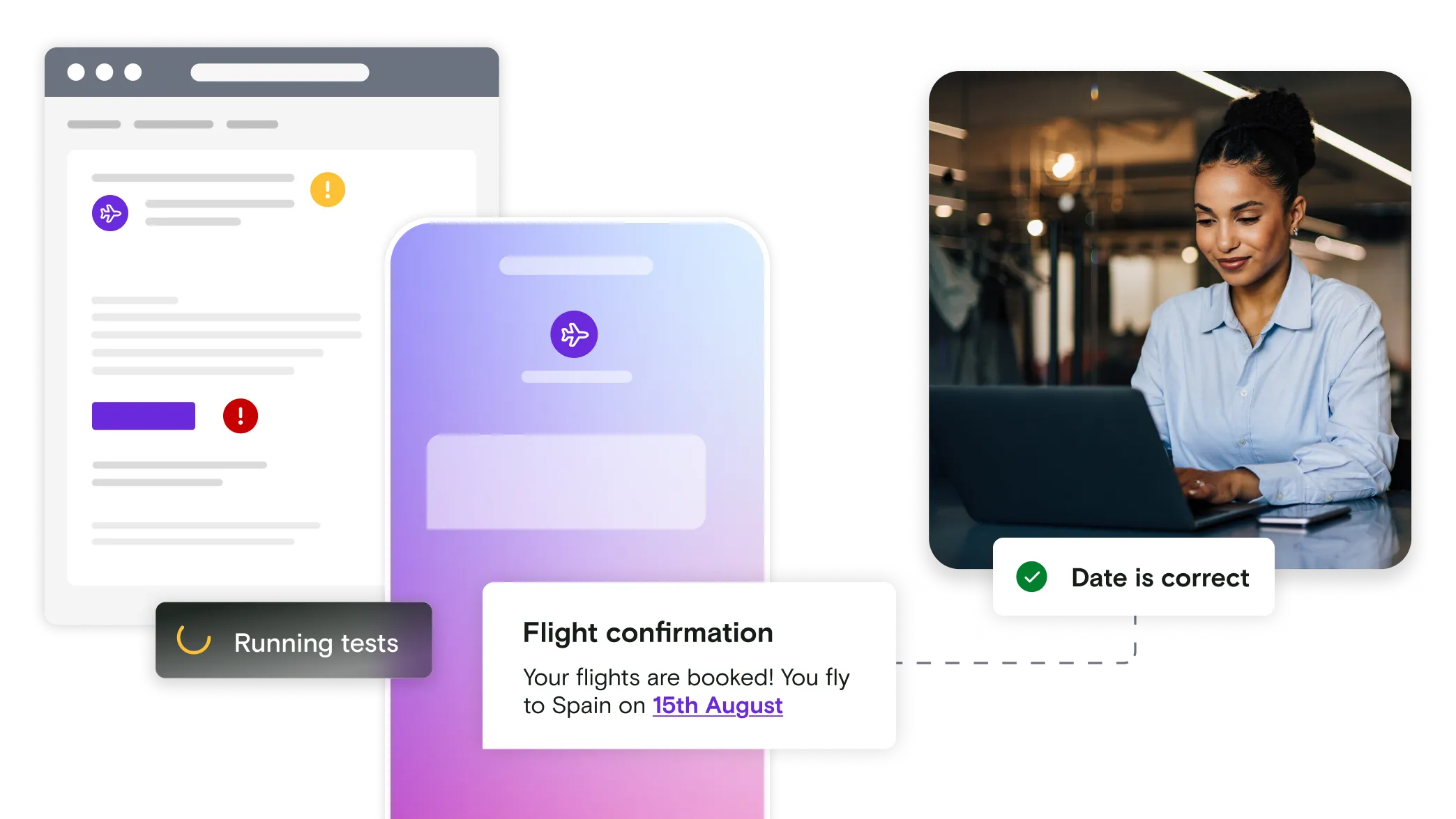 Picture of woman on laptop with email and mobile phone illustration with flight confirmation