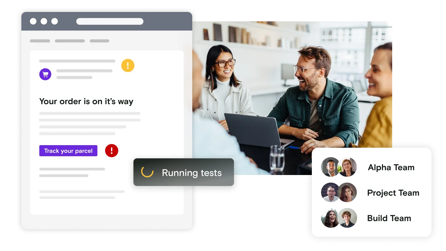 Email illustration with image of team on laptop and dialog box of business teams