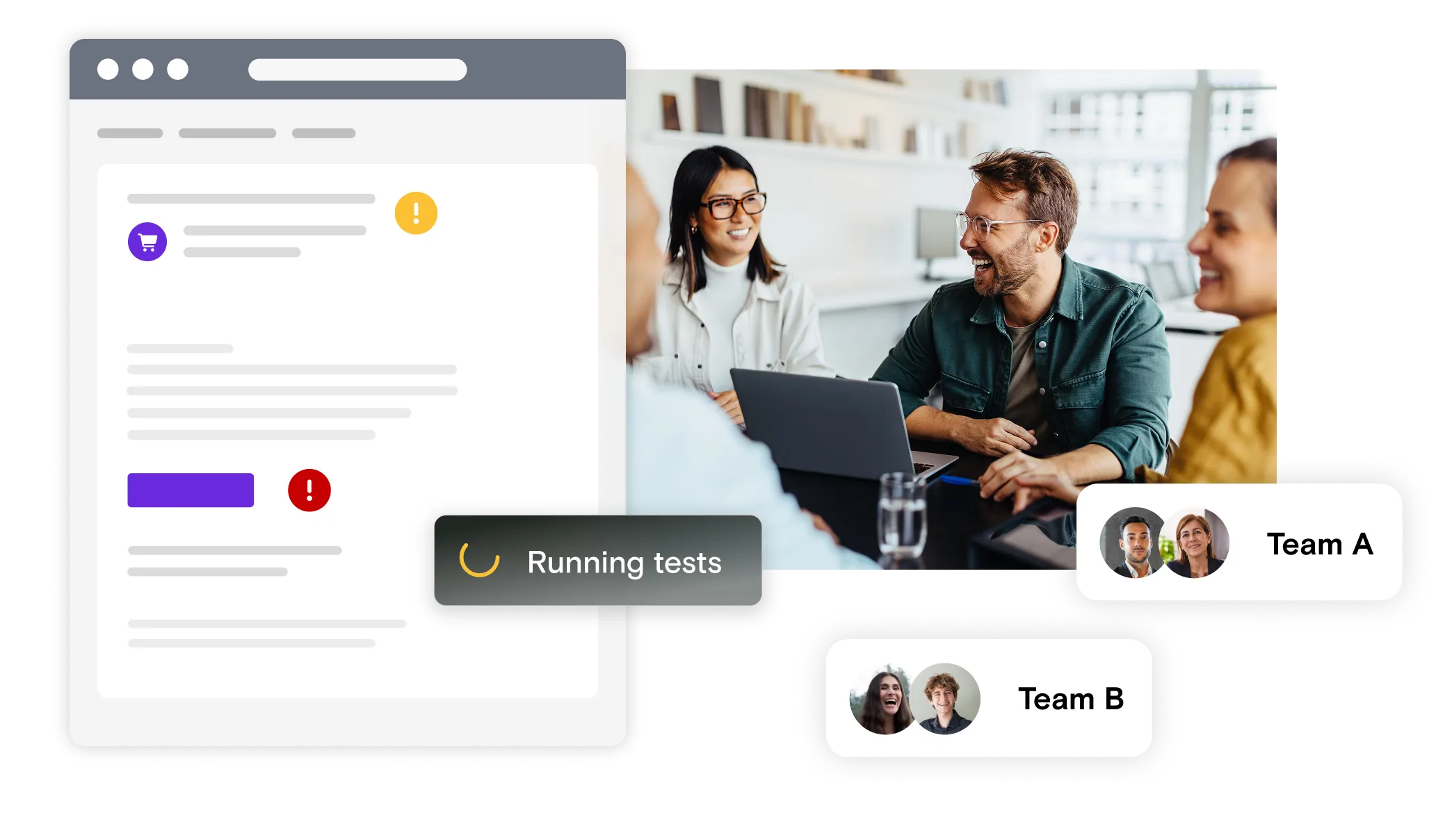 Photo of team on laptop with email illustration and running test dialog