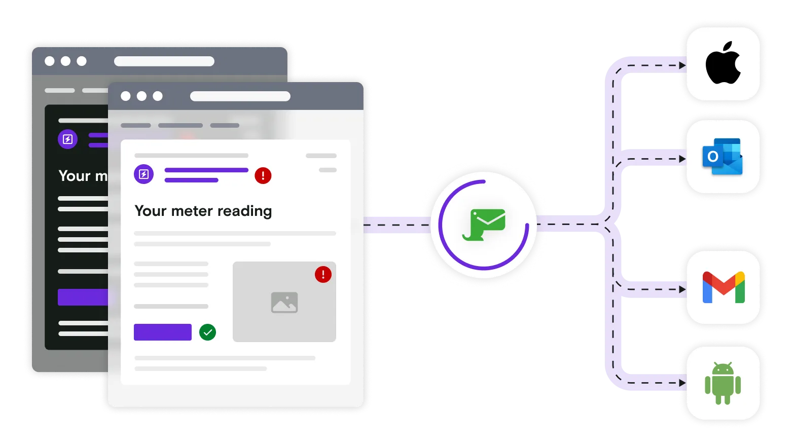 Light and dark mode email illustrations with email client logos