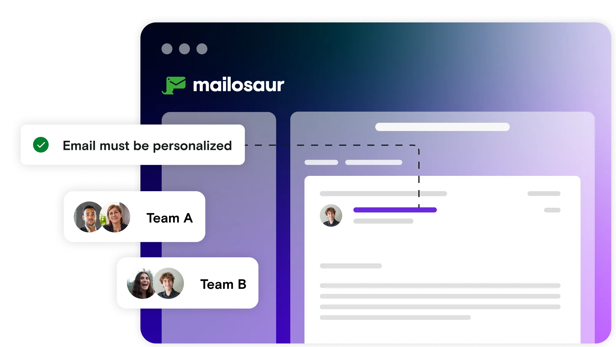 Mailosaur dashboard illustration with pass notification plus images of team members