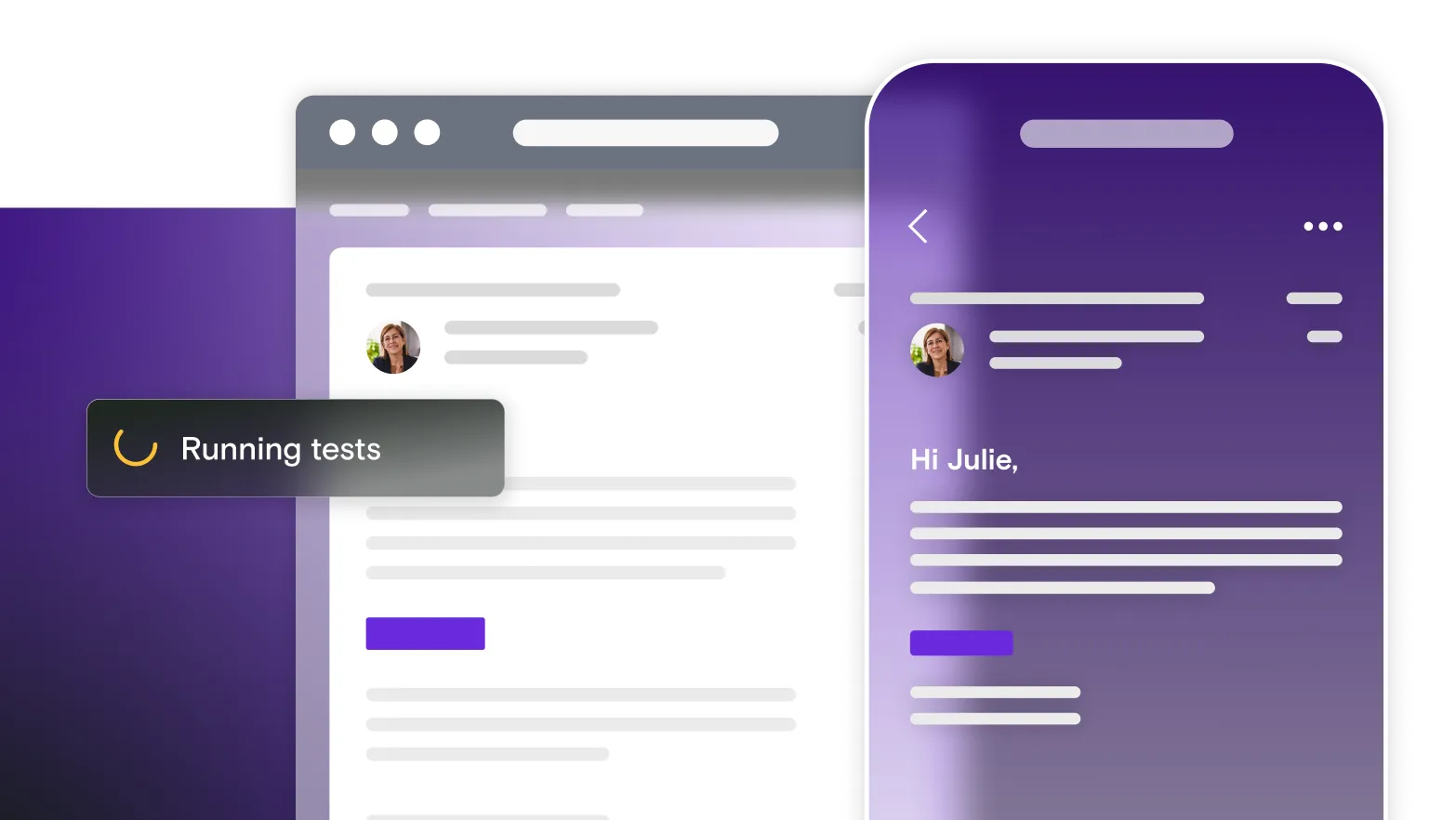 2 windows, each showing a message, one with light mode and one with dark mode, with a test running
