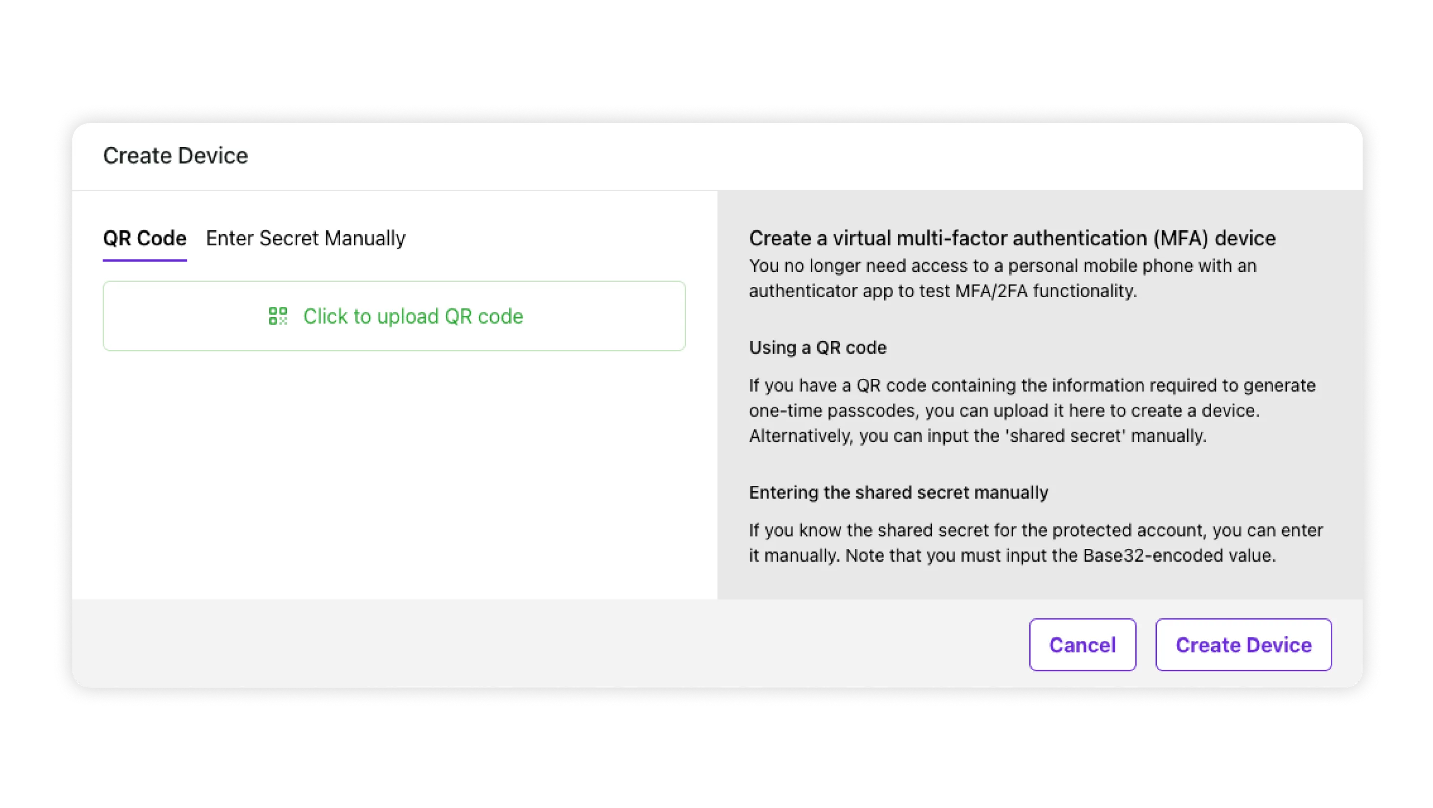 Create MFA device dialog window