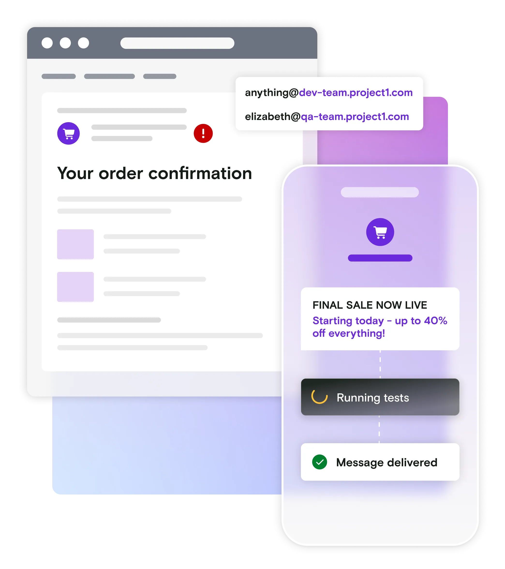 Email and mobile phone illustration with email address dialogs on gradient background