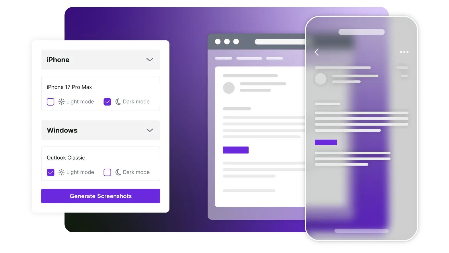 Options shown during preview generation, including light and dark modes