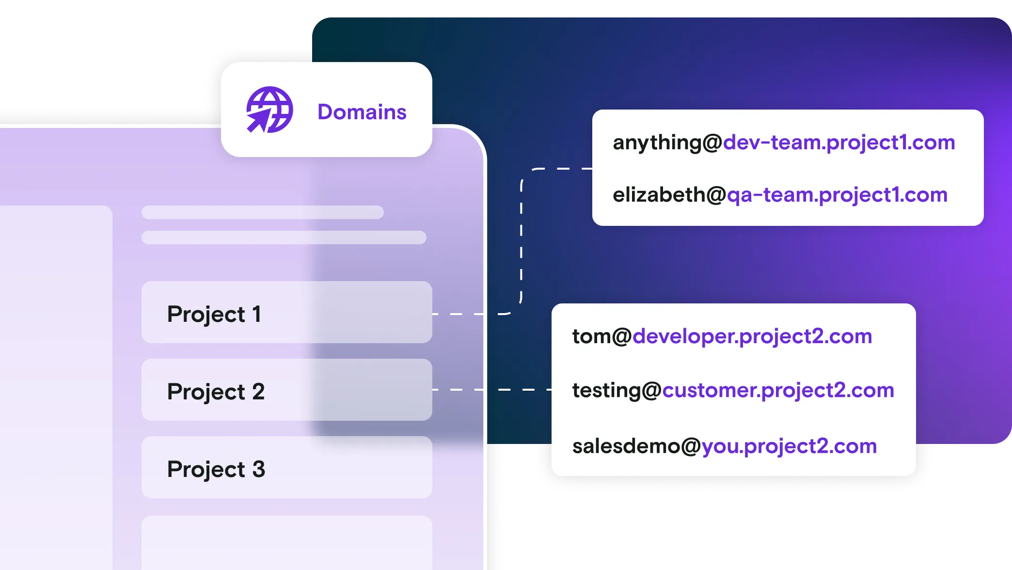 Purple desktop mockup with subdomain examples on a purple gradient background