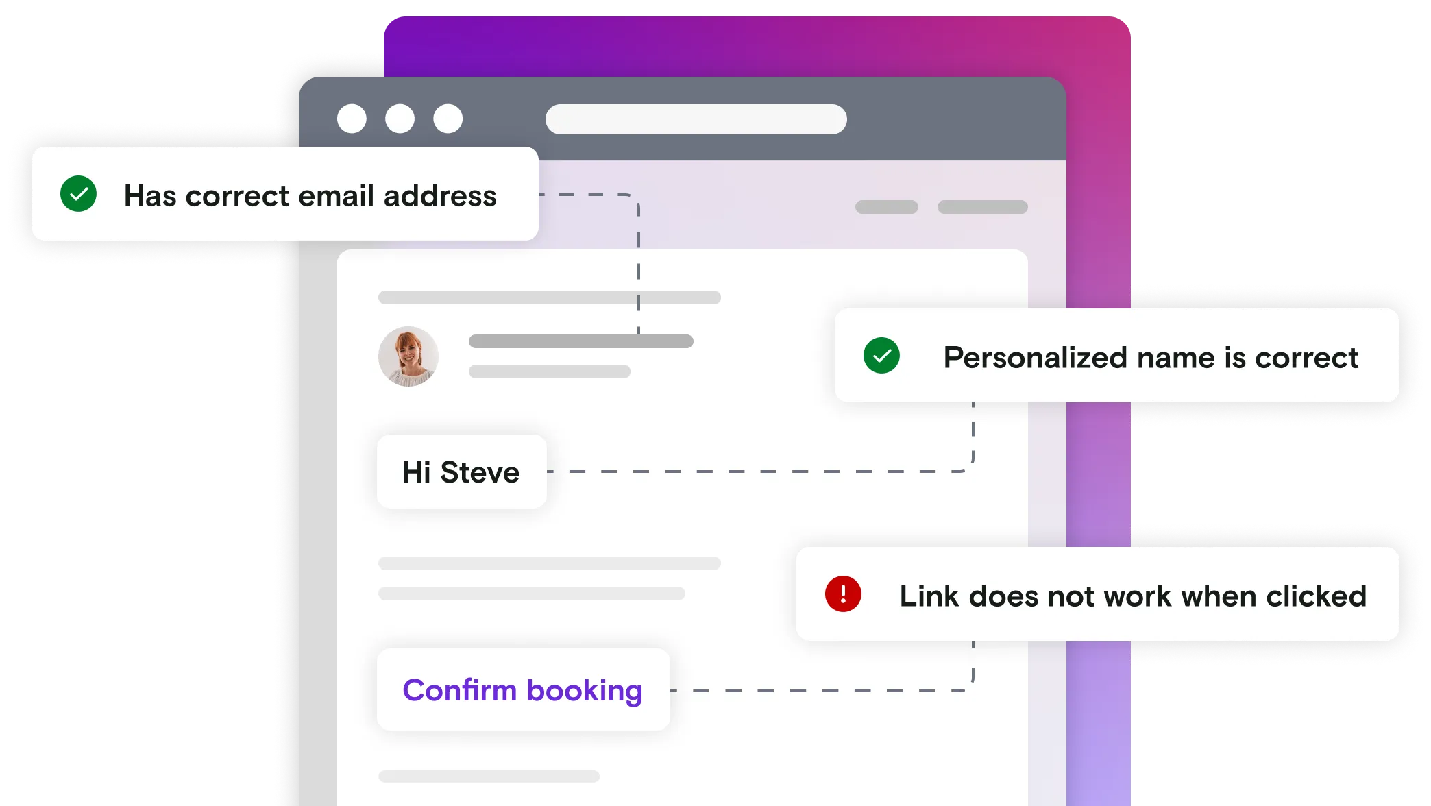 Email illustration with pass and error notifications on a gradient background